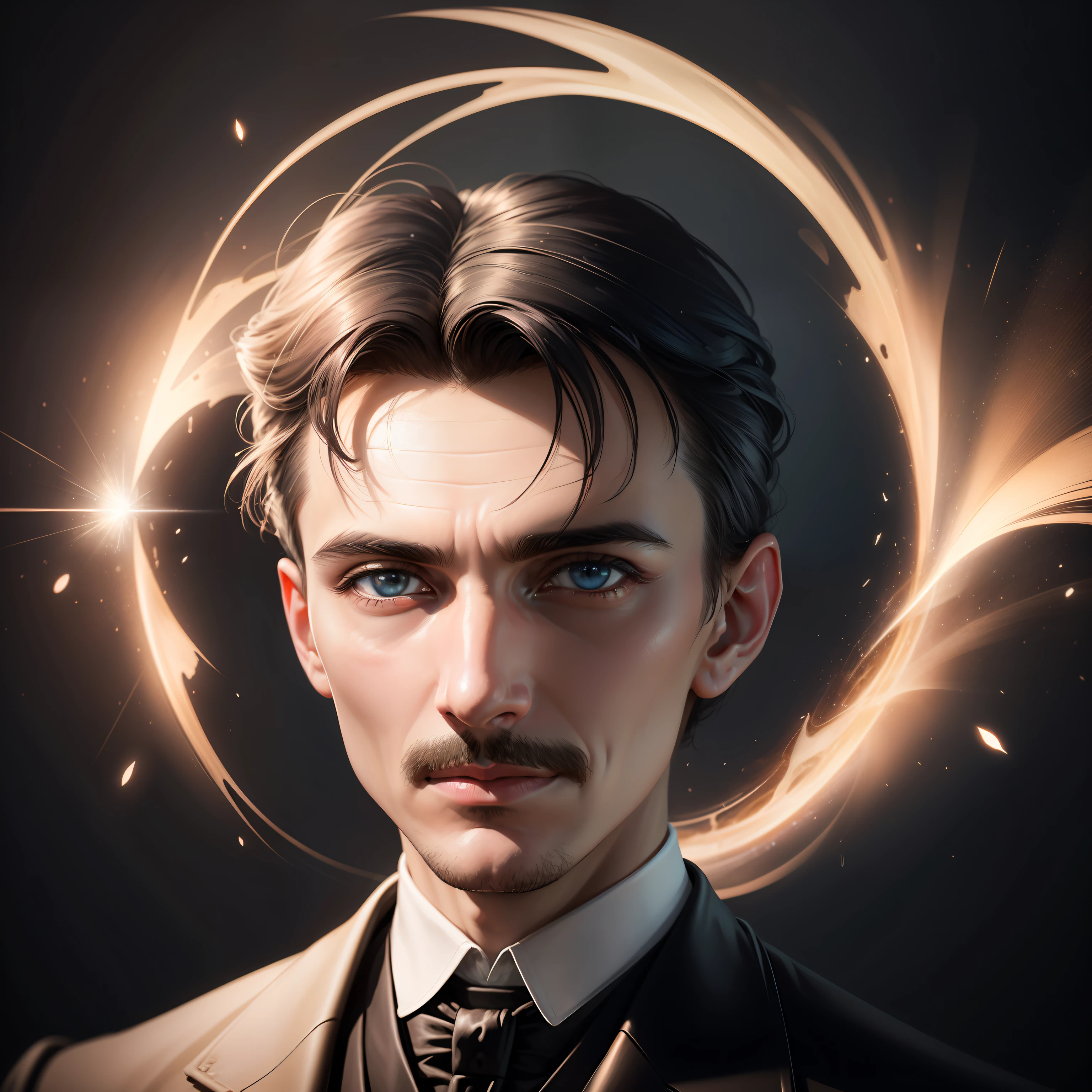 Nikola Tesla, fotografia de rosto, super-realista, photo studio quality, utra HD 16k, traces of the perfect toast, olhos com desenho perfeito, qualidade de imagem atual, background com eletricidade e luzes azuis.