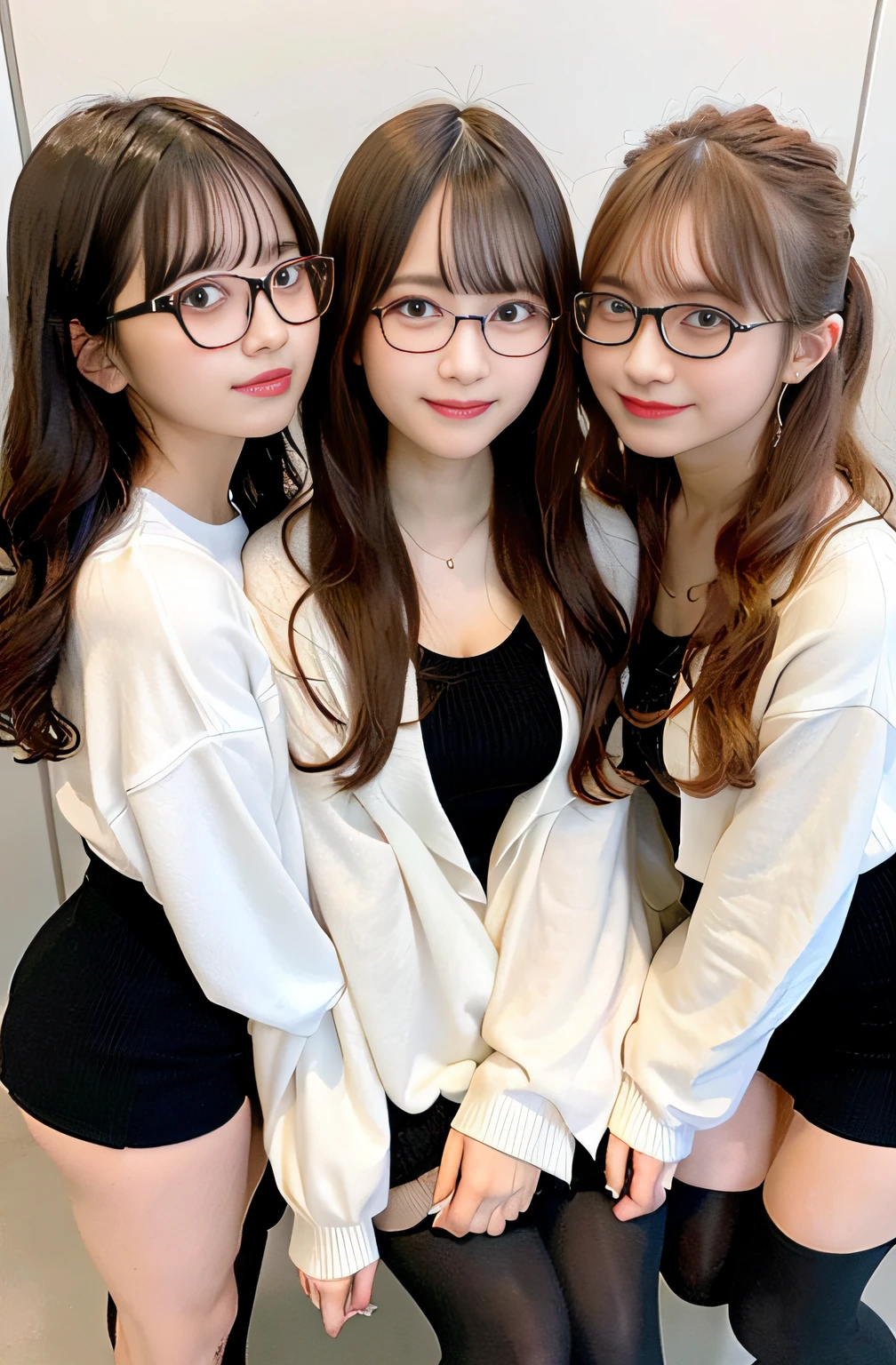 masterpiece, Better Quality, hight resolution, Three girls side by side、People wearing glasses、harems、One is a short bob、One is curly hair、tights、Dye your hair、a blond、a short skirt、Waki、Navel、full body Esbian、the kiss、Curly hair, A smile,happily face,,(huge-breasted:1.1)、thighs thighs thighs thighs、