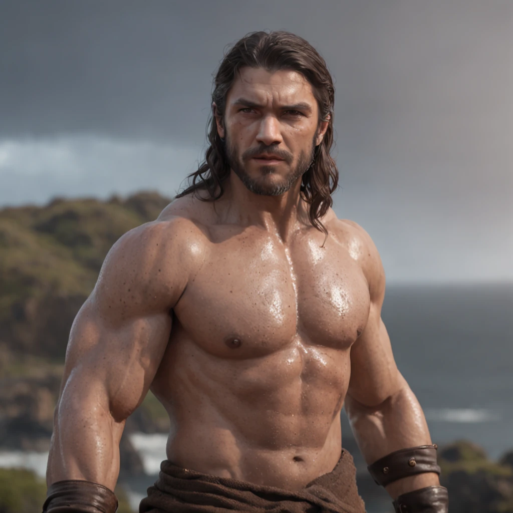 (Professional 3D rendering:1.3) de (Realistic:1.3) Foto de arte mais bonita do mundo,Features soft, bright male heroes, ((Epic hero fantasy rough muscular man wet hero angry look long hair short beard and fierce expression in dynamic pose, fantastic location, majestoso ambiente desordenado)), corpo inteiro 8k unidade render, action shot, poros da pele, very dark lighting, sombreamento pesado, circunstanciado, Rosto detalhado, (vibrante, fotogrdeia realista, Realistic, Dramatic, Escuro, foco nítido, 8k), (Old leather clothes damaged by bad weather:1.4), ((((Use peles)))), (intrincado:1.4), decadente, (altamente detalhado:1.4), pintura digital, rendering by octane, art stations, Conceito-Arte, liso, foco nítido, illustration, germe da arte, (Loish:0.23), Wlop Ilya Kuvshinov, e Greg Rutkowski e Alphonse Mucha Gracias, (global ilumination, studiolight, Light Volumetric), chuva forte, floating particles, patife, fantasia, Onze, corpo inteiroesbian, ((Fundo escuro e antigo da cidade:1.3)),CGSesociedade,art stations