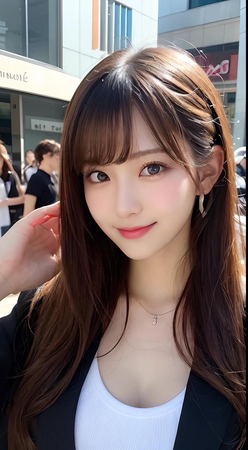 masutepiece, Best Quality, Illustration, Ultra-detailed, finely detail, hight resolution, 8K Wallpaper, Perfect dynamic composition, Beautiful detailed eyes, Women's Fashion Summer,Medium Hair,Small breasts natural color lip, Bold sexy poses,Smile,Harajuku、20 years girl、Cute、Sexy shot looking at camera