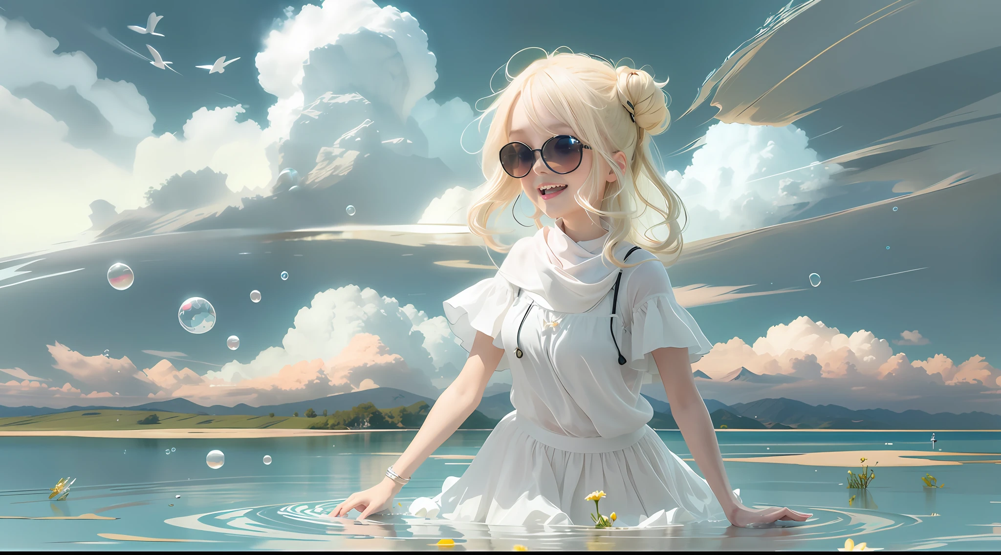 Blonde woman in white dress standing in water with bubbles, Guviz-style artwork, Loli, anime barbie in white, in white clouds fairyland, Anime girl walking on water, Anime style mixed with Fujifilm, Guviz, Splash art anime Loli, anime styled digital art, Guweiz in Pixiv ArtStation, Anime style. 8K，Thumb detail for fixes