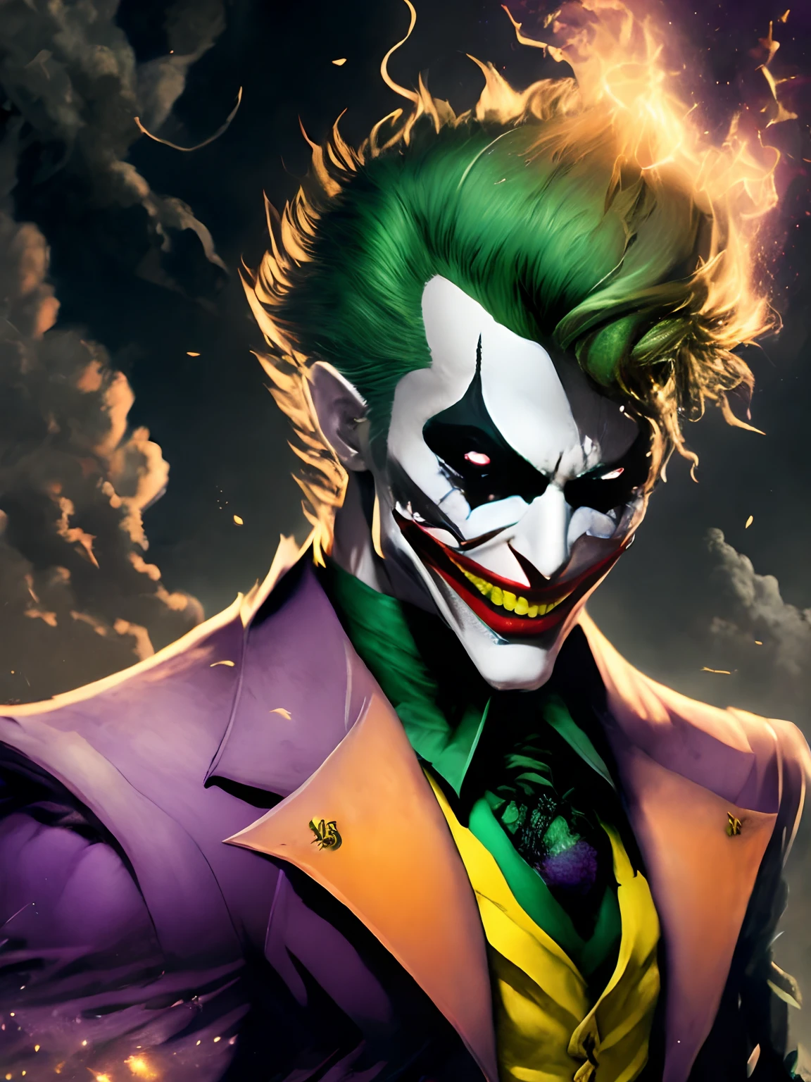 (((full body))), ((joker from dc comix, maquiagem vibrante)), sorrindo, Terno preto com detalhes prateados altamente intrincados, Paisagem caotica, luz de fundo laranja, lightnings, chamas, fagulhas, smoke billowing, esquema de cores vivas e brilhantes, anime, illustration, Textura detalhada da pele, textura de pano detalhada, Rosto bonito e detalhado, detalhes intrincados, ultra detalhado.