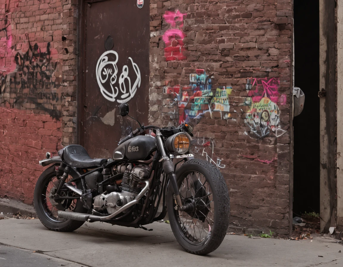There're some punk boys and girls in a Scene of a backstreet alley,, some hippy guys,, Brooklyn New York,graffiti on the bricked walls, barbed wire, ,motorbike, baseball gloves, POP neon lights , Aluminum trash cans,Fire staircase