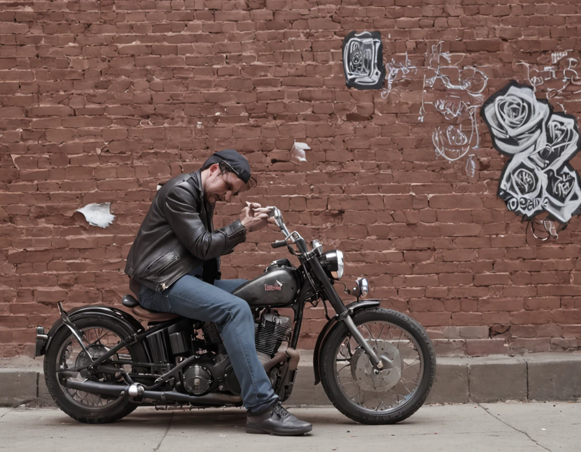 There're some punk boys and girls in a Scene of a backstreet alley,, some hippy guys,, Brooklyn New York,graffiti on the bricked walls, barbed wire, ,motorbike, baseball gloves, POP neon lights , Aluminum trash cans,Fire staircase