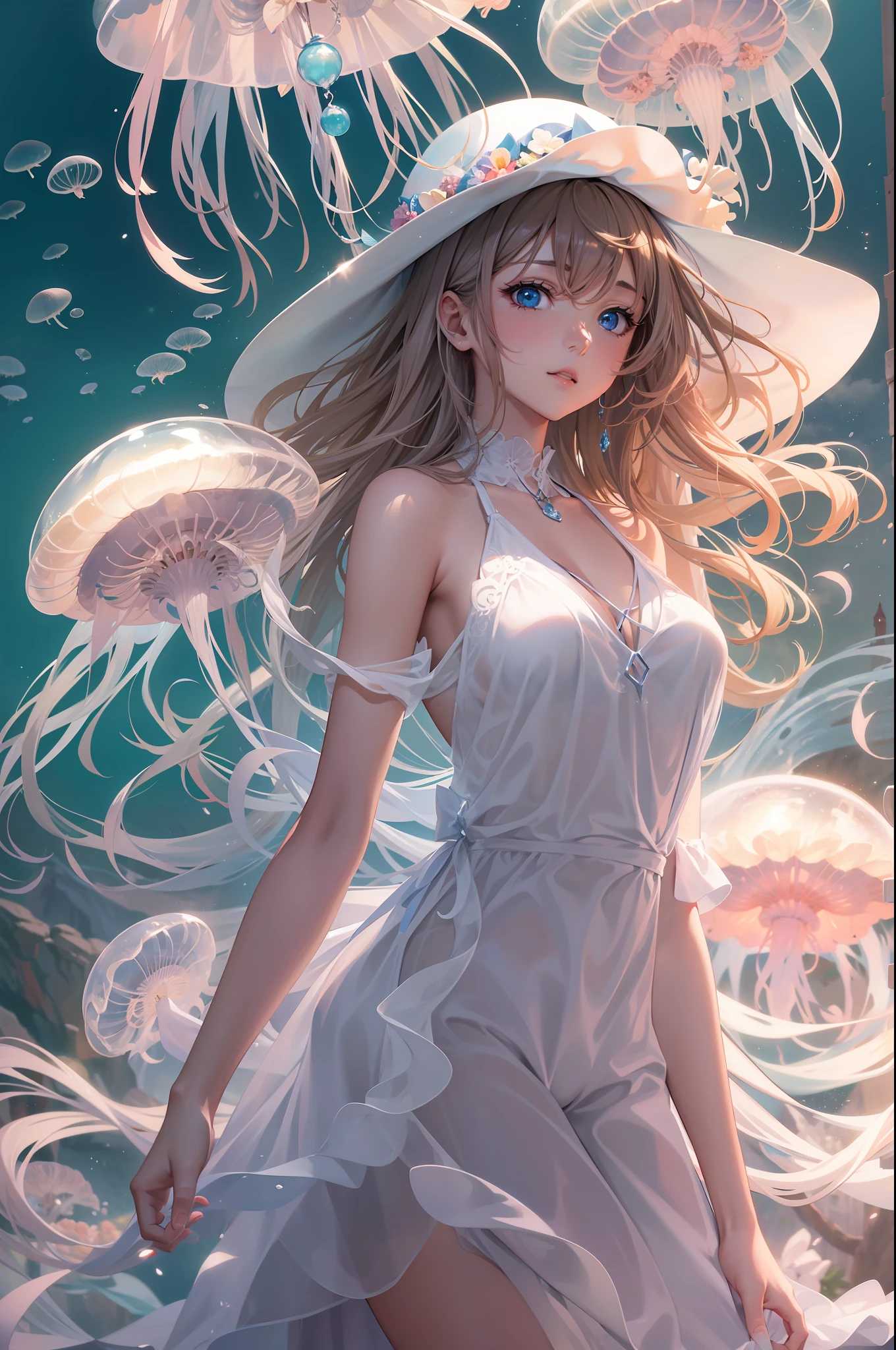 Anime woman in white dress and jellyfish-shaped hat drifting underwater,Wear a thin summer dress、 Trending on ArtStation pixiv, anime style 4 k, guweiz on pixiv artstation, guweiz on artstation pixiv, Anime art wallpaper 8k, beautiful anime artwork, anime art wallpaper 4k, anime art wallpaper 4k, Beautiful anime girl, clean detailed anime art、4k、32k