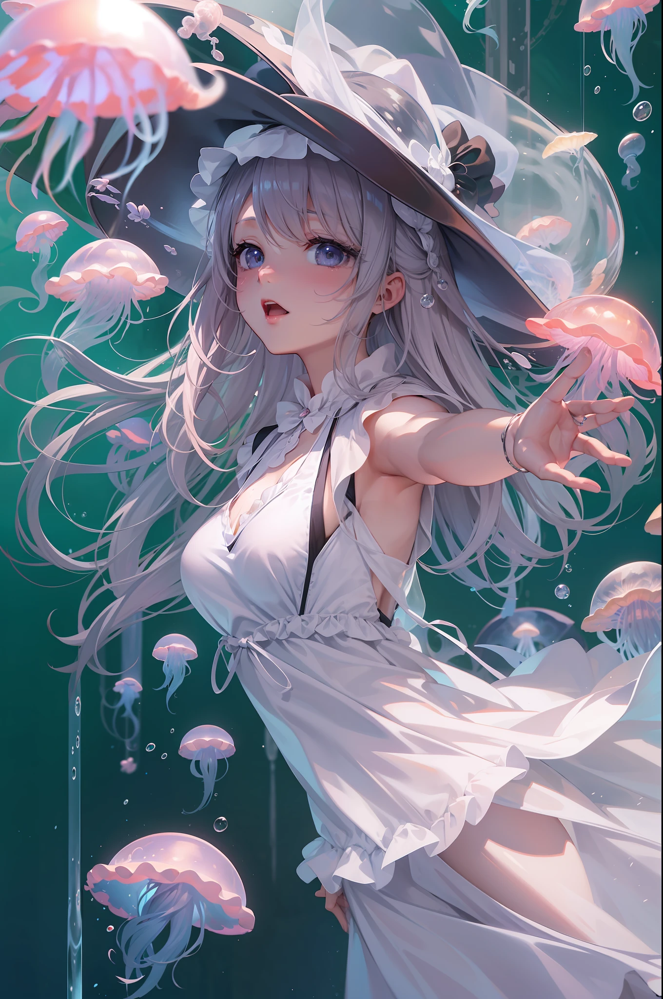 Anime woman in white dress and jellyfish-shaped hat drifting underwater,Wear a thin summer dress、 Trending on ArtStation pixiv, anime style 4 k, guweiz on pixiv artstation, guweiz on artstation pixiv, Anime art wallpaper 8k, beautiful anime artwork, anime art wallpaper 4k, anime art wallpaper 4k, Beautiful anime girl, clean detailed anime art、4k、32k