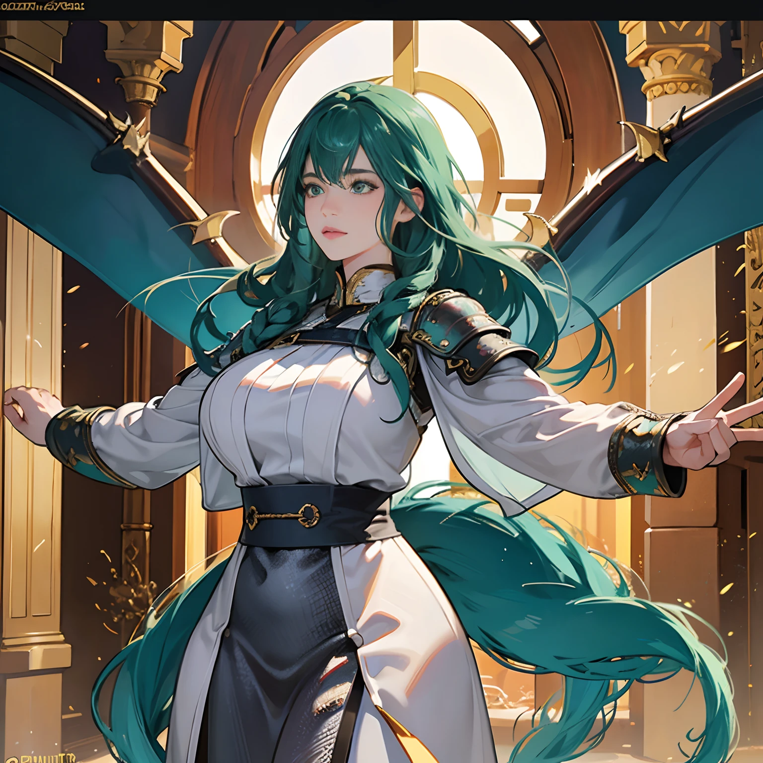 Women in Their 20s, Fantasia、offcial art, unity 8k wall paper, ultra-detailliert, beautifly、Aesthetic, masterpiece, top-quality, Photorealsitic, dragon woman、Dragon wings、Dragon's tail、blue green hair、bluish green eyes、Braided hair、Braids:1.5、chain mail:1.5、Dark brown belt、Large curved sword、Steel shield、golden hair ornaments、depth of fields, Fantastic atmosphere, Calm palette, tranquil mood, Soft shading、Temple of Stones、A lot of lightning、Beautiful Landscapes、bbw、very large breast、plump figure