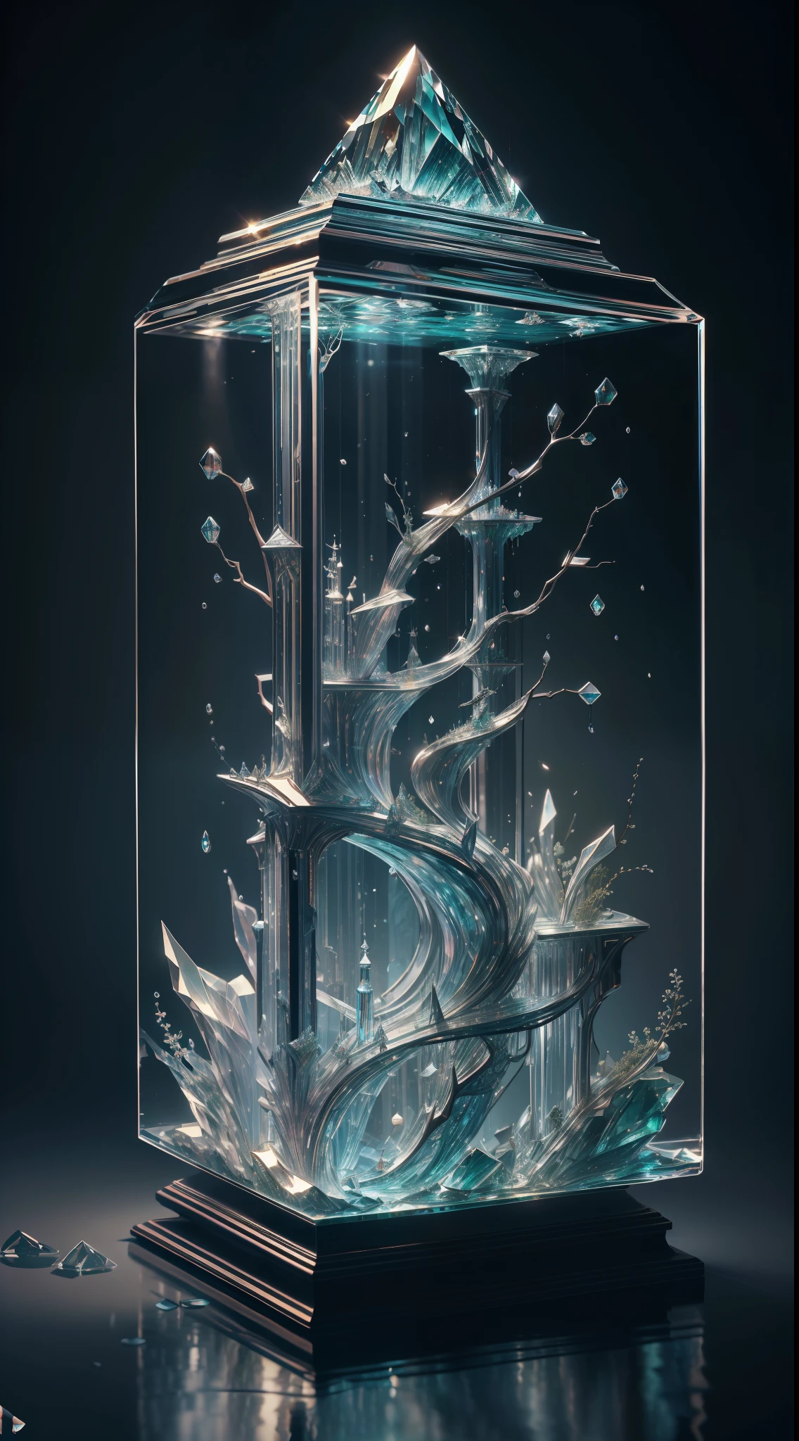 A masterpiece of crystal sculpture, There are natural plants inside, Ornamental fish, water, Splendor, fanciful, high high quality, high detal, best qualityer, RTX, 4K, 8K,