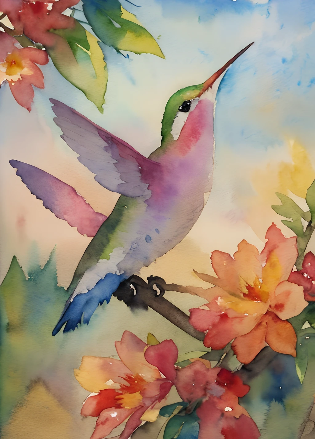 masterpiece, top-quality, (watercolor paiting:1.4), 电影灯光, hummingbird、Flapping wings、Qing department、