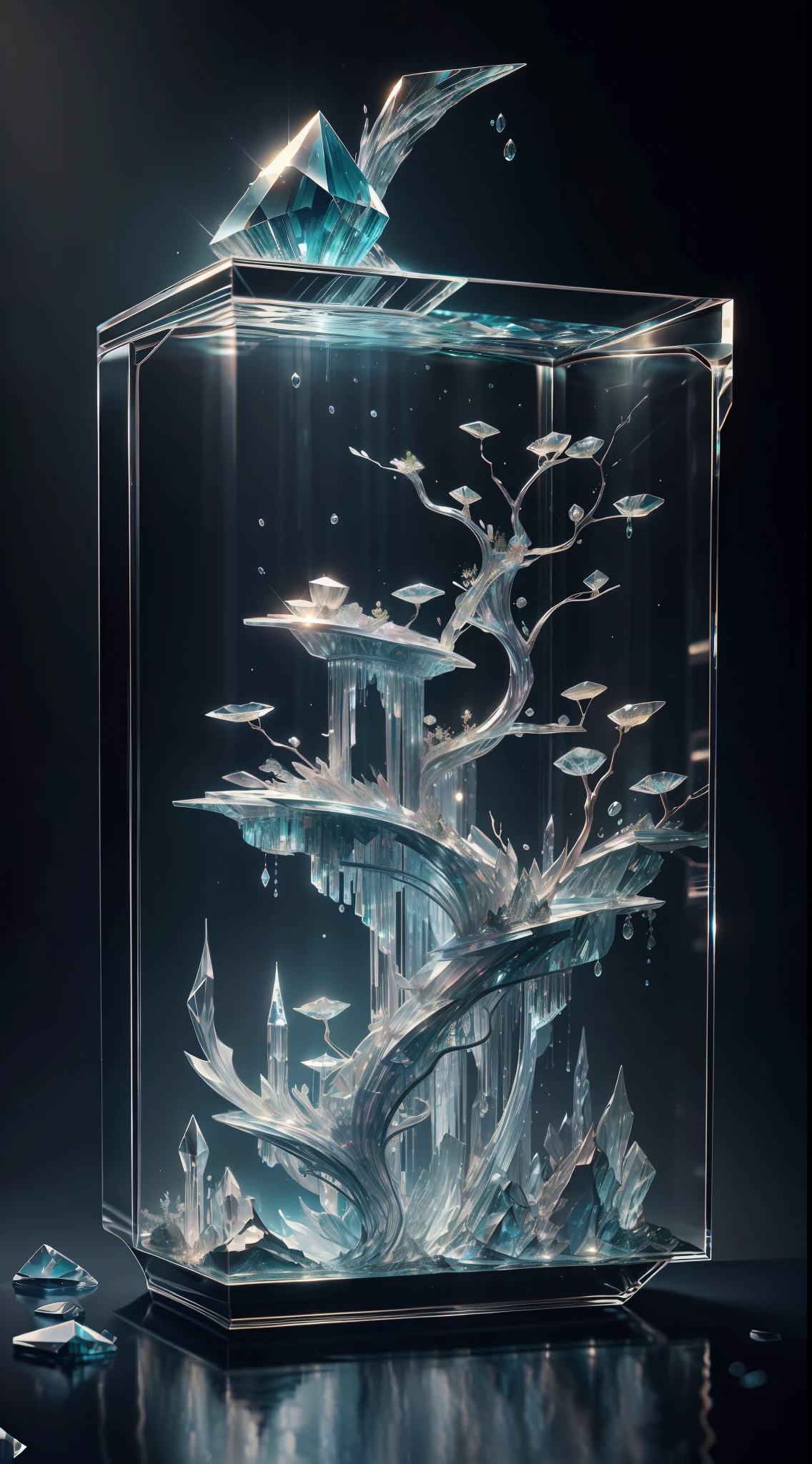A masterpiece of crystal sculpture, There are natural plants inside, Ornamental fish, water, Splendor, fanciful, high high quality, high detal, best qualityer, RTX, 4K, 8K,