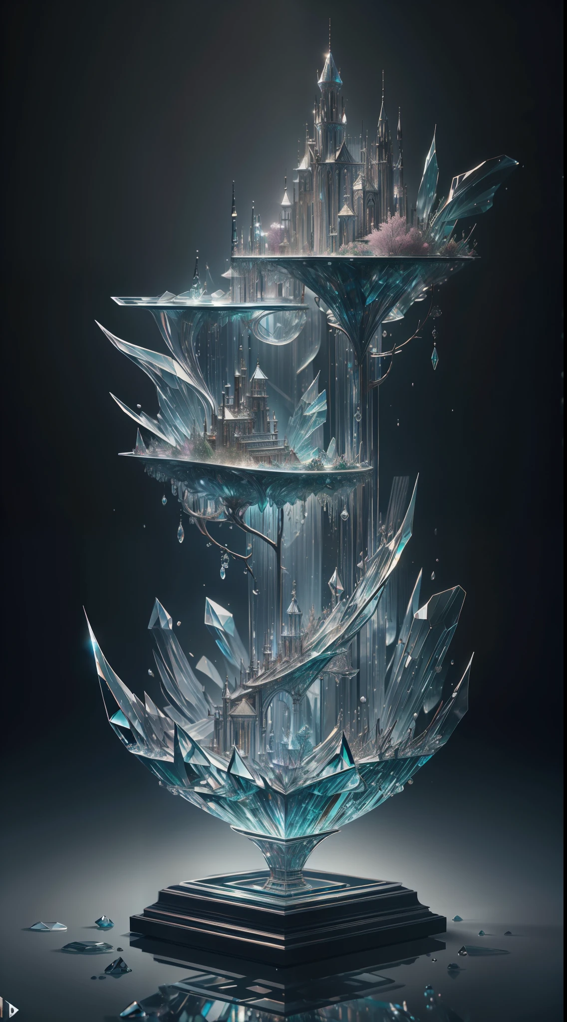A masterpiece of crystal sculpture, There are natural plants inside, Ornamental fish, water, Splendor, fanciful, high high quality, high detal, best qualityer, RTX, 4K, 8K,