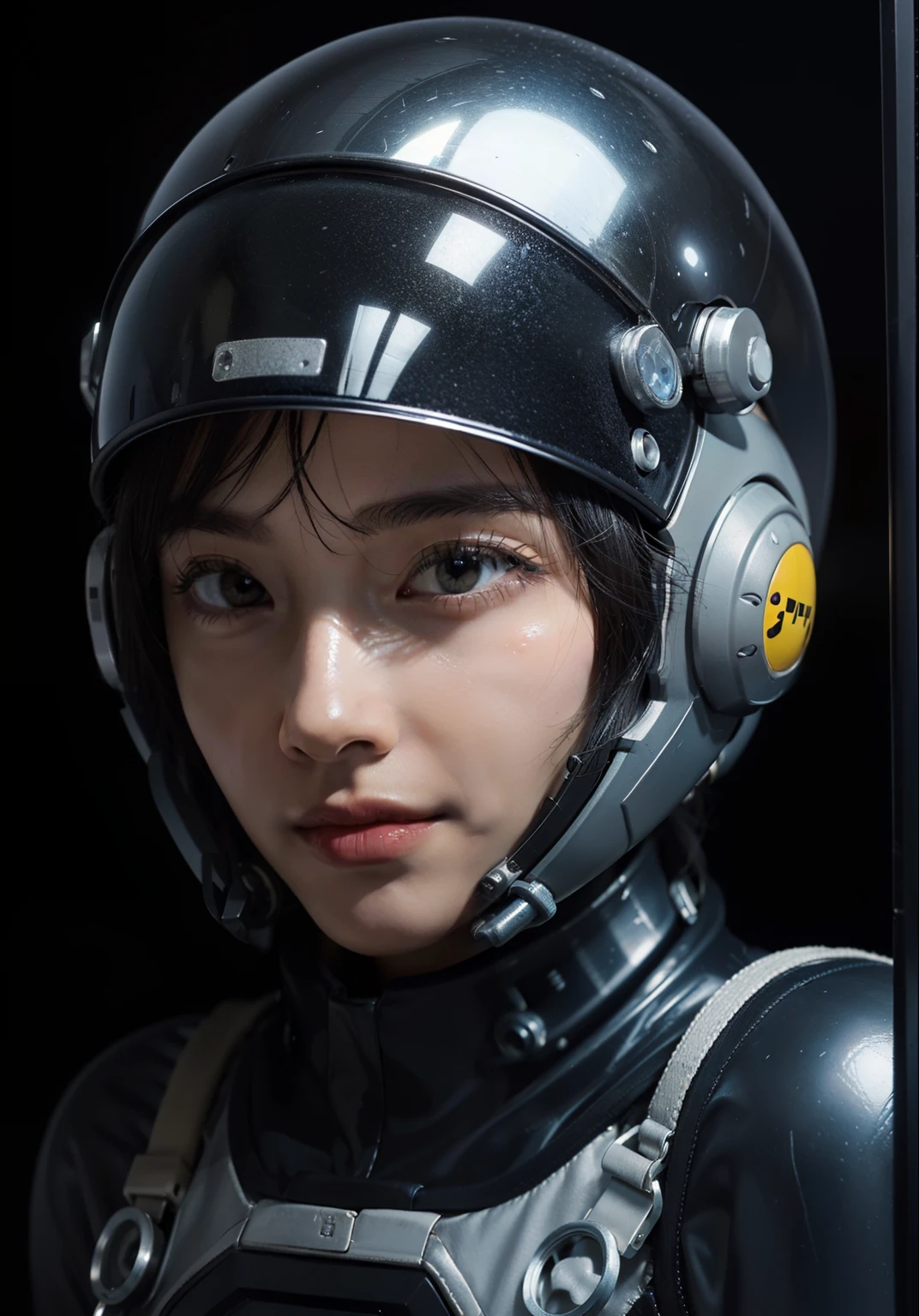 Highest image quality, outstanding details, ultra-high resolution, (realism:1.4), ((close up:1.5, from front, looking at viewer)), the best illustration, favor details, highly condensed 1girl, (cyberpunk,cybprg), a delicate and beautiful face, (short hair), (wearing baggy spacesuit with metal-ring-helmet-disconnecter, attached black and gray mecha, spacesuit-globes, yellow pipes and codes, flanges on spacesuit), (mark:radioactivity-hazard-symbol), ((revealed only head)), ((smile:0.75)), inside nobody spacestation platform