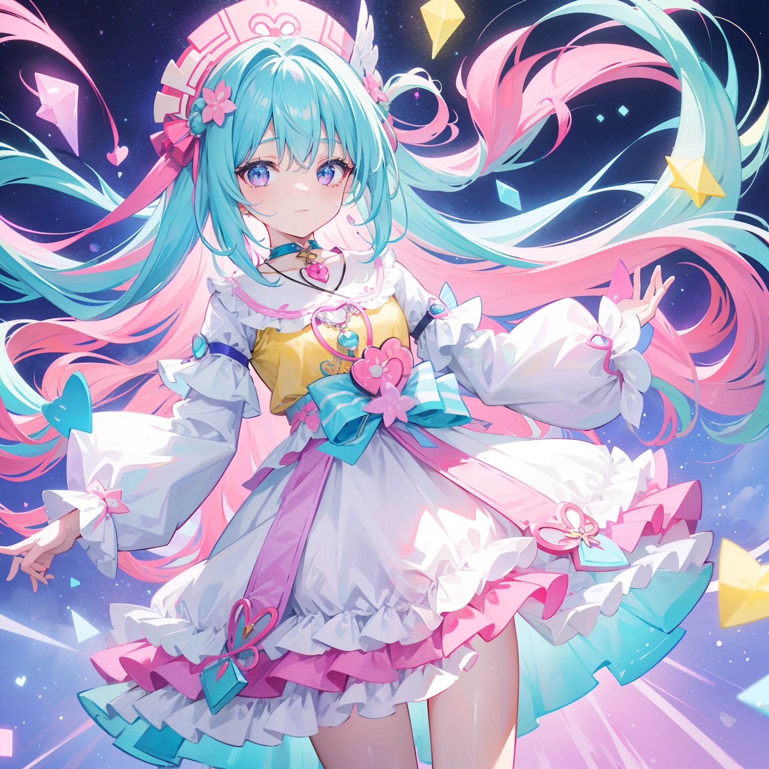 Colorful light background,long whitr hair,Has a bright pinkish-purple transparent gum texture,In pink、Wear yours with blue and white,yellow and greens,Cyan matching accessories pendant decoration,This is a very sweet and sweet li girl