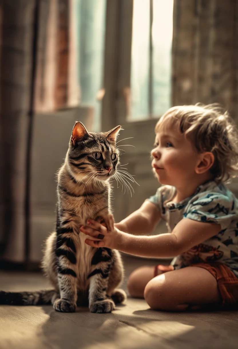 Two 　Two pets　Cats and puppies　Have fun playing　In a well-lit room