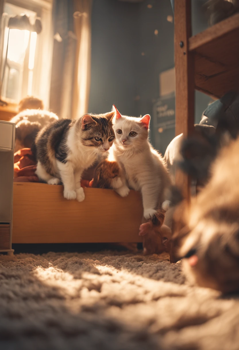Two children Two pets Cats and puppies Have fun playing In a well-lit room