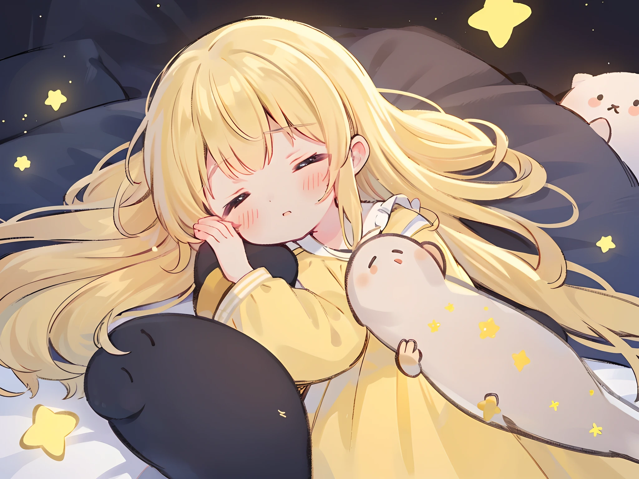 Top Quality, Masterpiece, Ultra High Resolution, Pretty Facial Features, Flat Design, Yellow Themes, Shoshi no Ko, Hoshino Ai, (Sleepy Eyes: 1.1), (Cute Yellow Night Dress), Cute, One Hand on Face, Bedtime, Disheveled Long Hair,
(simple dark background), giant stars shining in the dark, cure, ziyu,