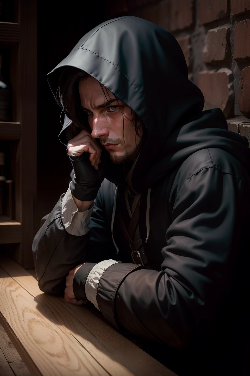 Mysterious hooded man in dark corner of a rustic seventeenth-century tavern