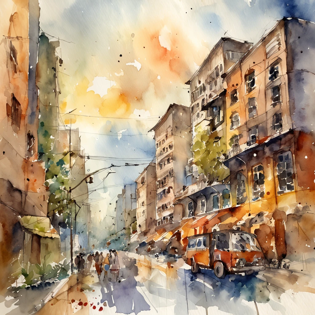 Big city in disco elysium style, watercolor expressionist