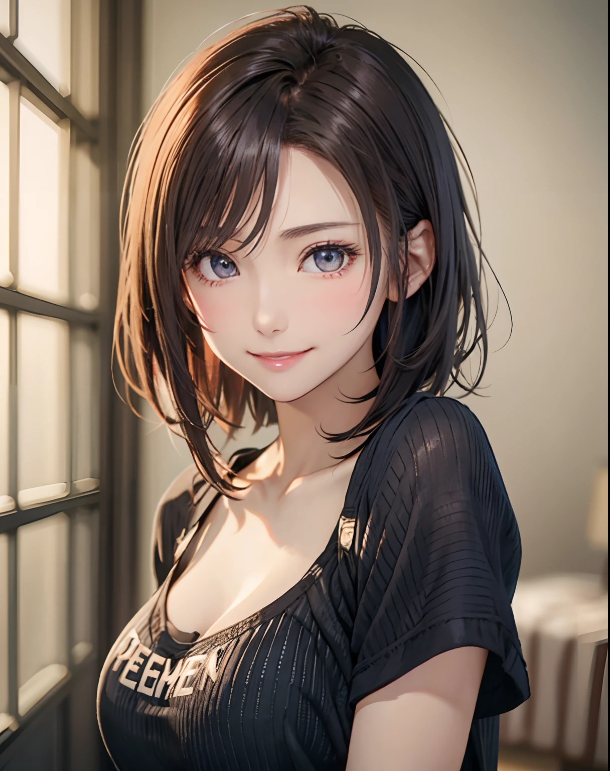 Best Quality, Ultra High Resolution, (Photorealistic: 1.4), Beautiful Eyes, Super Beautiful, Very Short Hair, Beautiful, Sweetheart, T-shirt with Rough Chest, Beautiful Soldier, Eyes That Invite Viewer, Lover's Perspective, Inviting Expression, Sexy Smile, Perfect Style, Perfect Balance, Detailed Skin, Naughty Gaze, Chest Visible