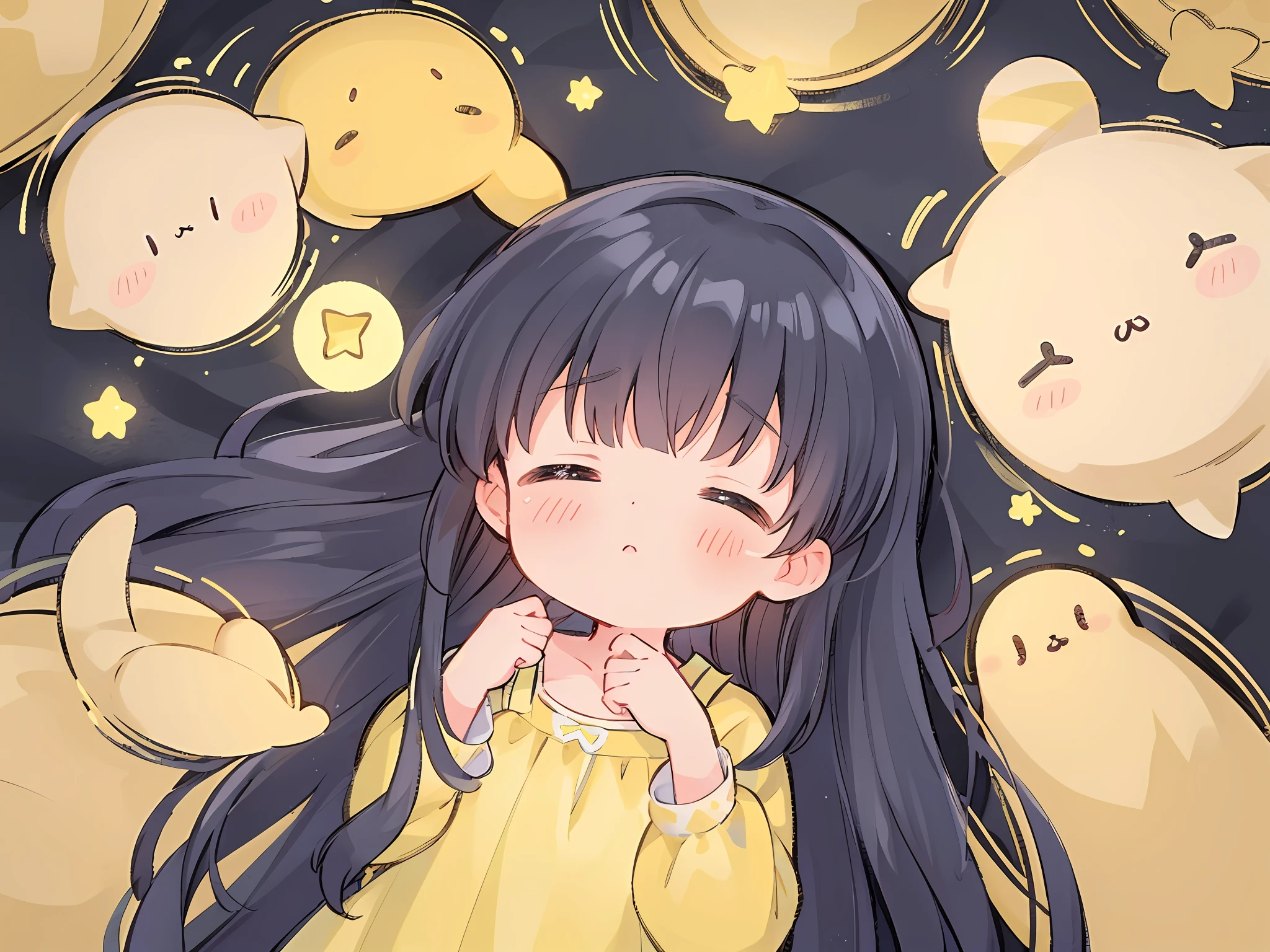 Top Quality, Masterpiece, Ultra High Resolution, Pretty Facial Features, Flat Design, Yellow Themes, Shoshi no Ko, Hoshino Ai, (Sleepy Eyes: 1.1), (Cute Yellow Night Dress), Cute, One Hand on Face, Bedtime, Disheveled Long Hair,
(simple dark background), giant stars shining in the dark, cure, ziyu,