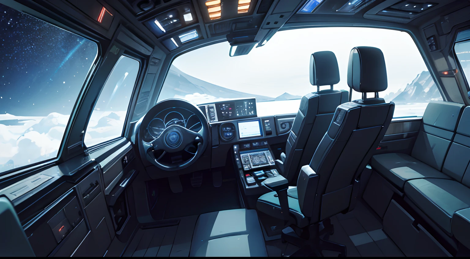 Create an intriguing illustration that presents an unusual scene: um cachorro no cockpit da Millennium Falcon, the iconic Star Wars spaceship. o cachorro deve estar sentado em uma cadeira, rodeado pelos controles da nave, enquanto olha para as estrelas do lado de fora da nave. Maintain the aesthetics of the Millennium Falcon, with all the characteristic details of the environment, como as luzes, os controles e os visores. The soft lighting of the cabin should highlight the tranquility , despite the unusual scenario. Feel free to add creative touches, such as the presence of elements from the Star Wars universe or references that express the character's personality. The cartoon will be shared with Star Wars fans and art enthusiasts on online platforms."