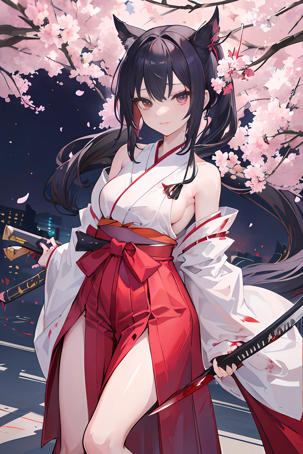 (1人の女性、nightcity、Beautiful body、beautiful foot、hakama、A dark-haired、With a weapon with blood、Looking at the camera、Cherry blossoms in the air、poneyTail、Niō Standing、holding knive、Pointed mouth、Ordinary woman、Protruding body)