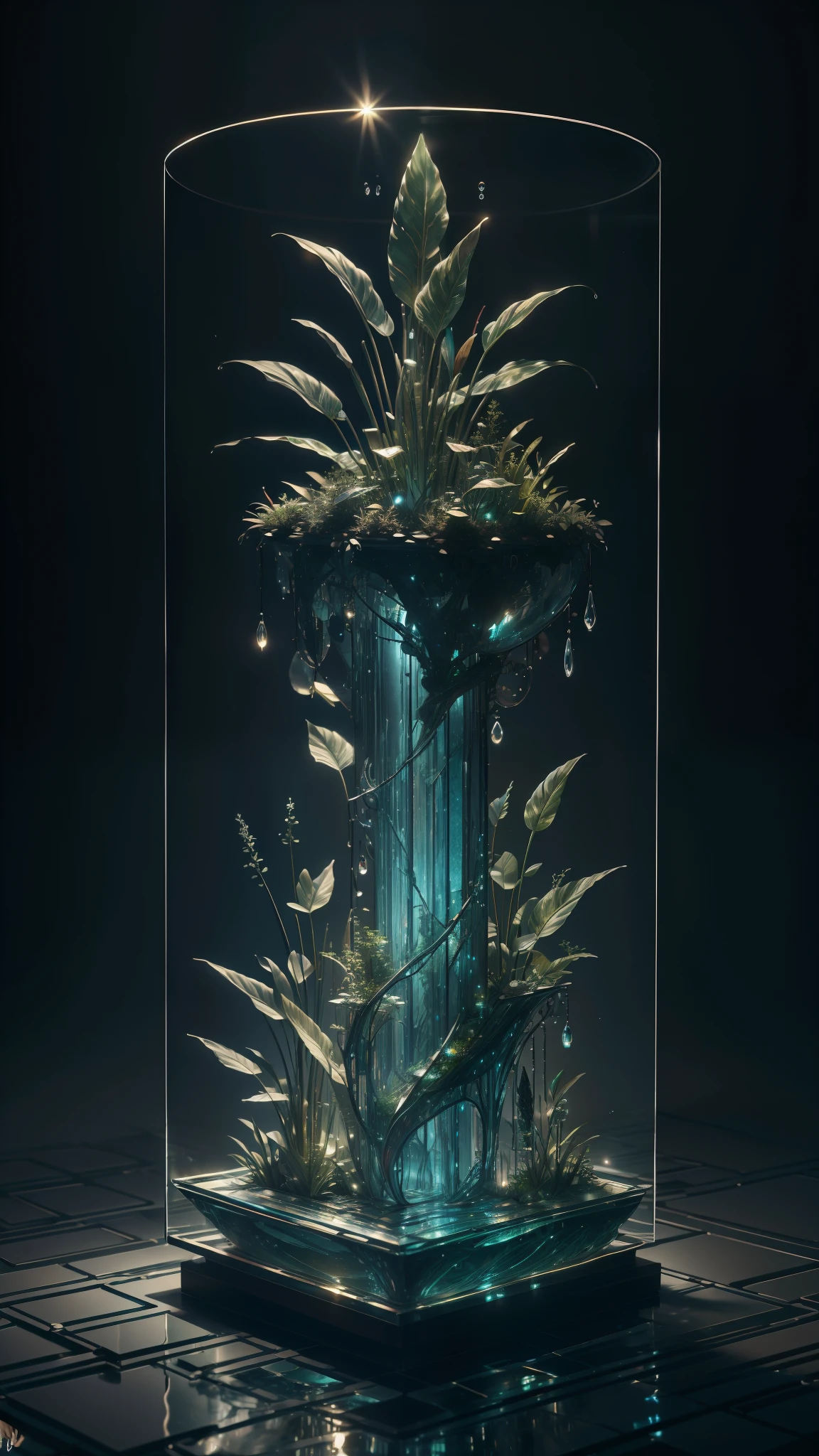 masterpiece of glass sculpture with plants inside, water, glowing, fantasy, high quality, high detail, best quality, rtx, 4k, 8k,