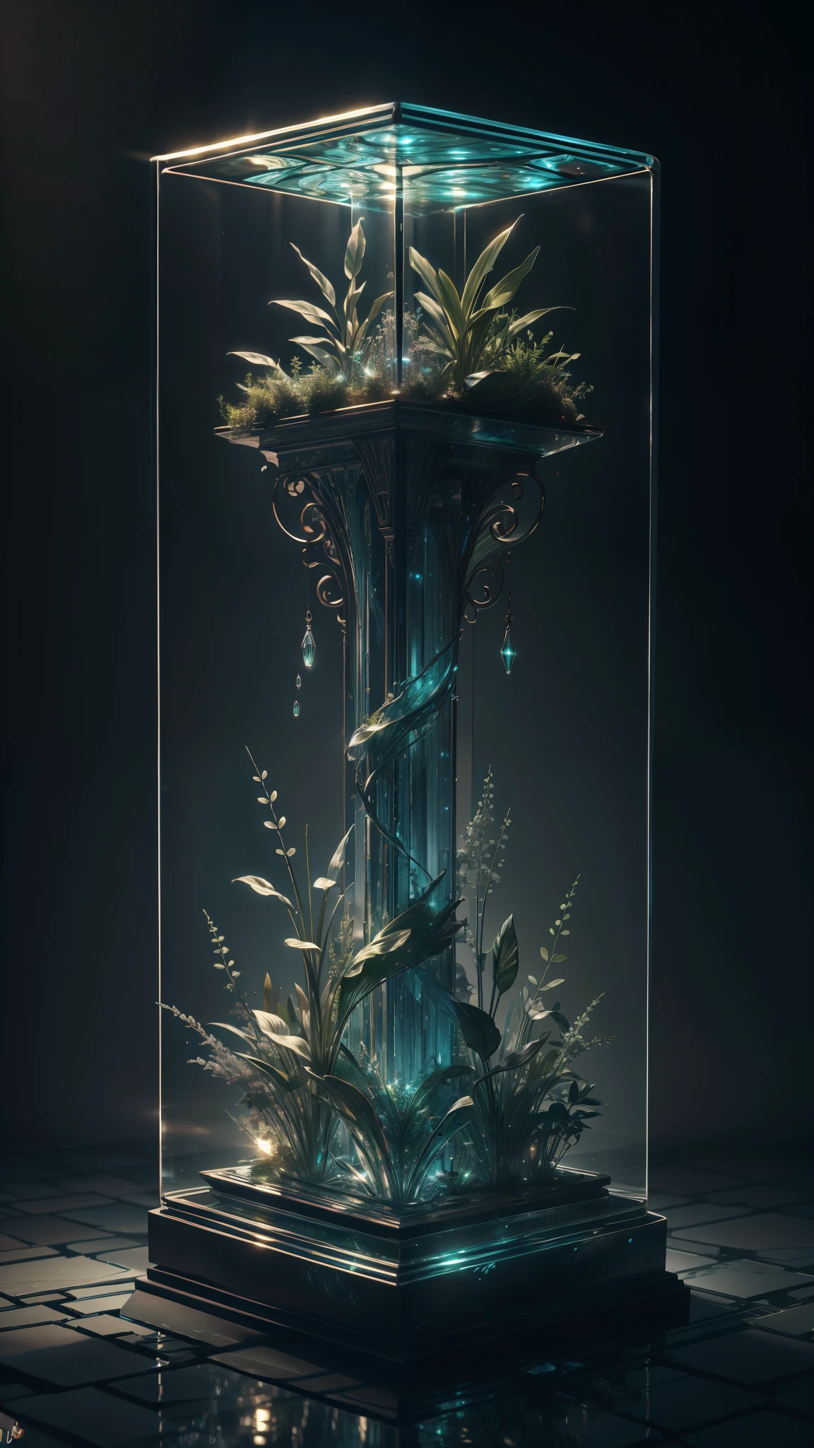 masterpiece of glass sculpture with plants inside, water, glowing, fantasy, high quality, high detail, best quality, rtx, 4k, 8k,