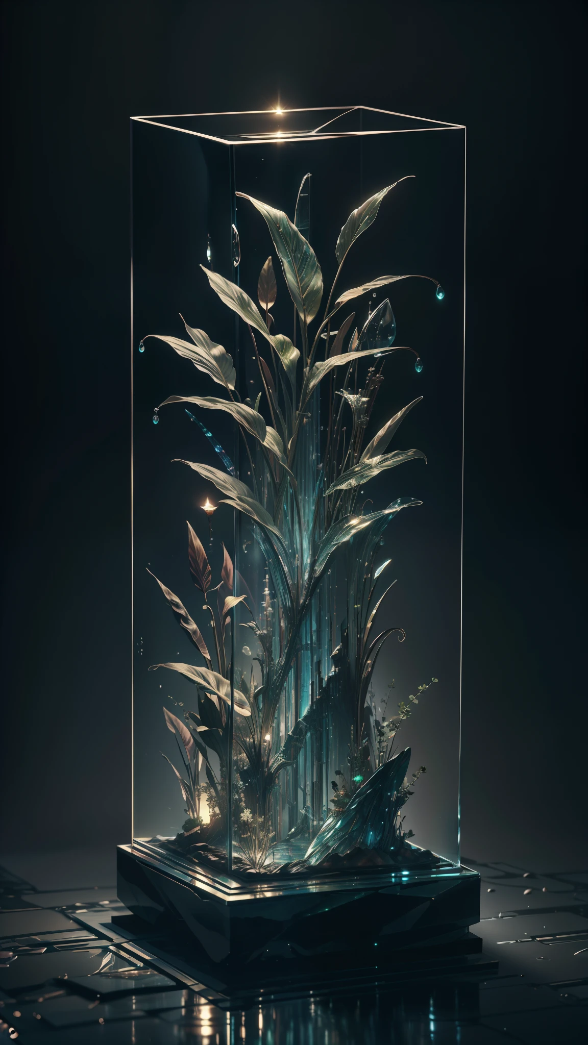 masterpiece of glass sculpture with plants inside, water, glowing, fantasy, high quality, high detail, best quality, rtx, 4k, 8k,