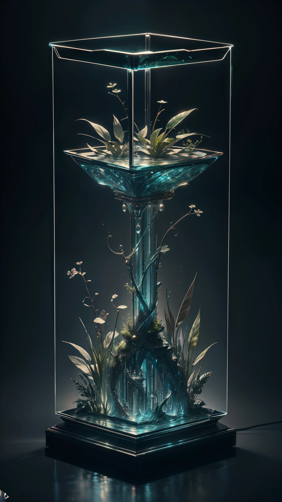 masterpiece of glass sculpture with plants inside, water, glowing, fantasy, high quality, high detail, best quality, rtx, 4k, 8k,