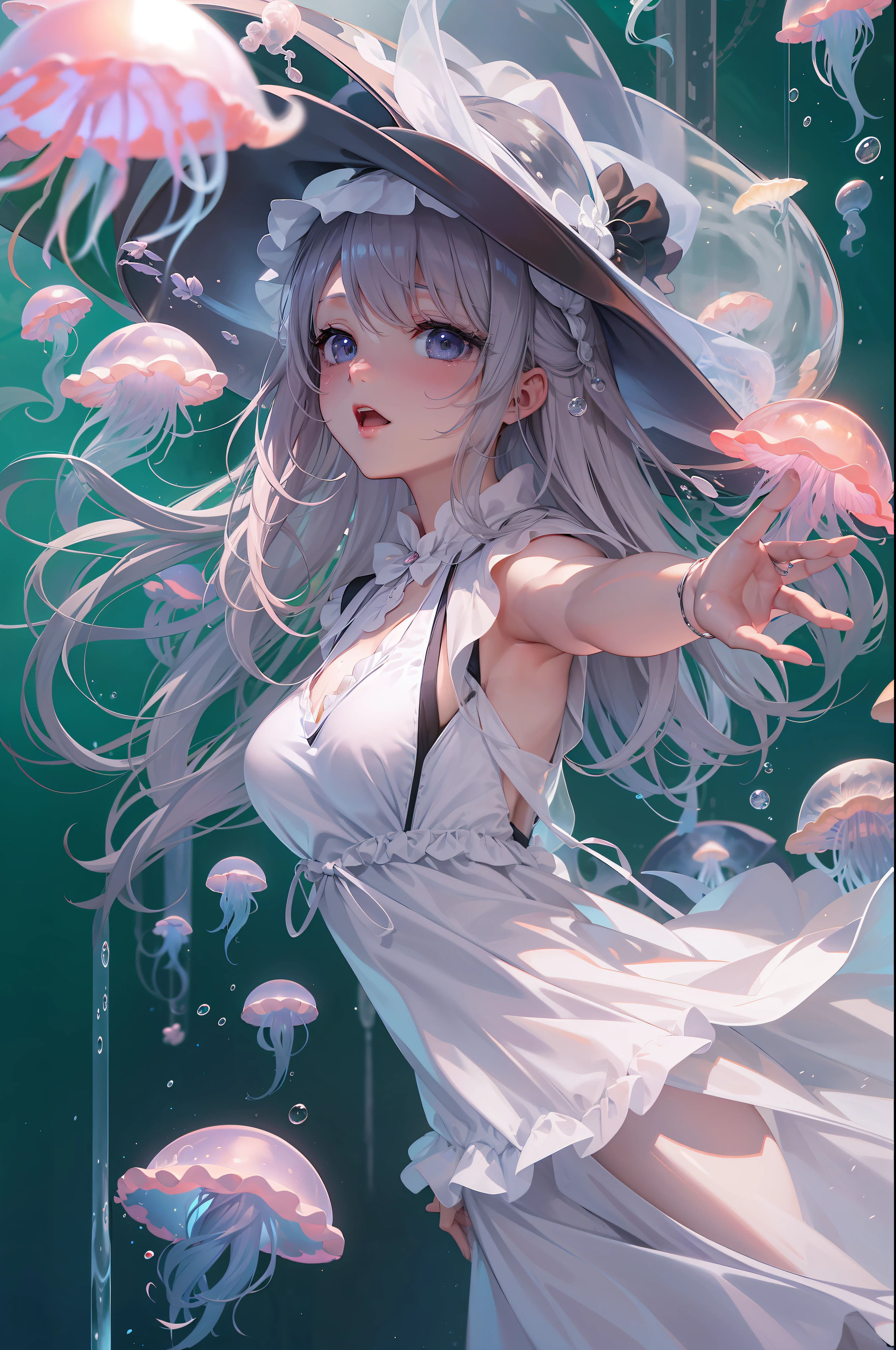 Anime woman in white dress and jellyfish-shaped hat drifting underwater,Wear a thin summer dress、 Trending on ArtStation pixiv, anime style 4 k, guweiz on pixiv artstation, guweiz on artstation pixiv, Anime art wallpaper 8k, beautiful anime artwork, anime art wallpaper 4k, anime art wallpaper 4k, Beautiful anime girl, clean detailed anime art、4k、32k