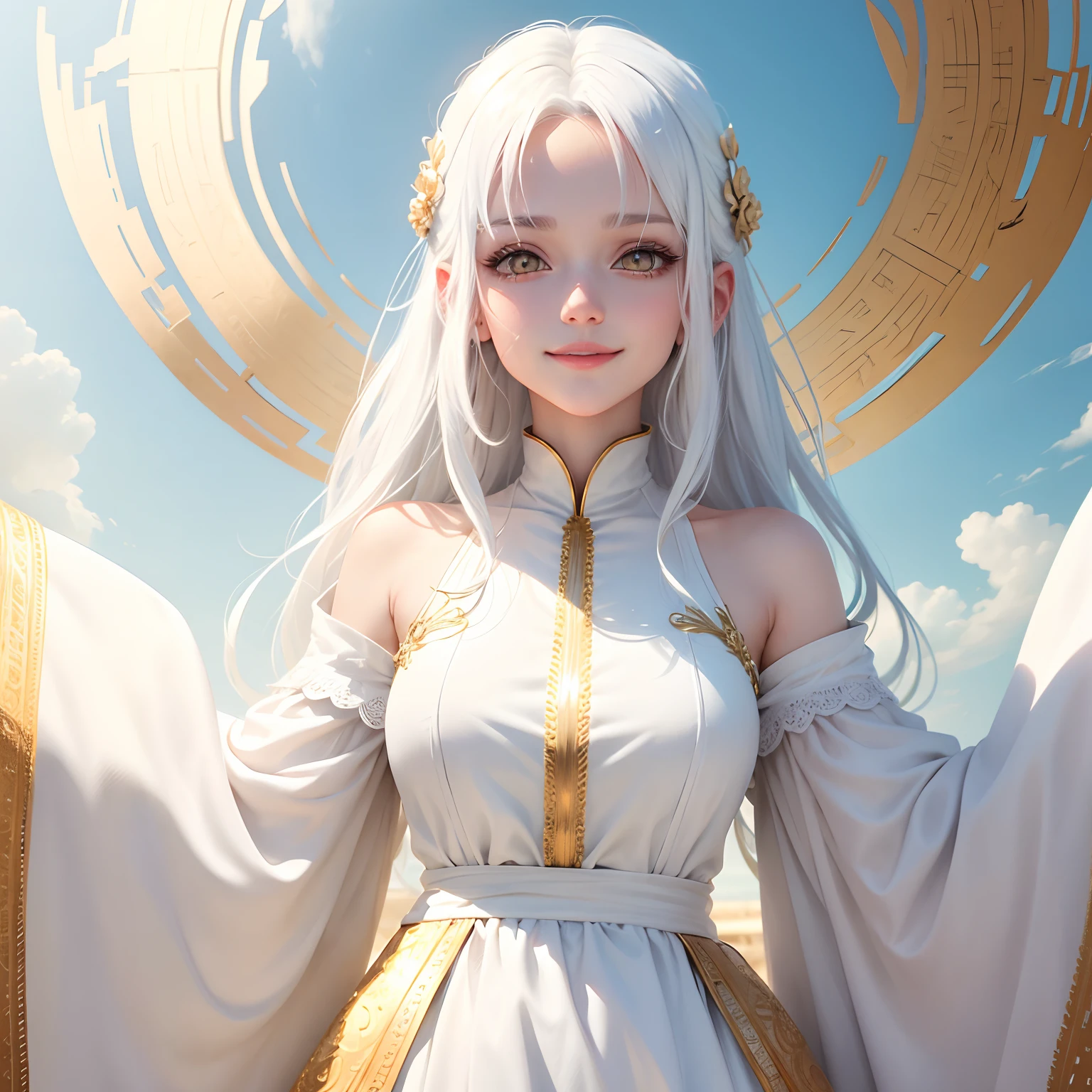 best quality, white hair, gold eyes, white clothes, looking up, upper body, hair strand, Fair skin, smiling