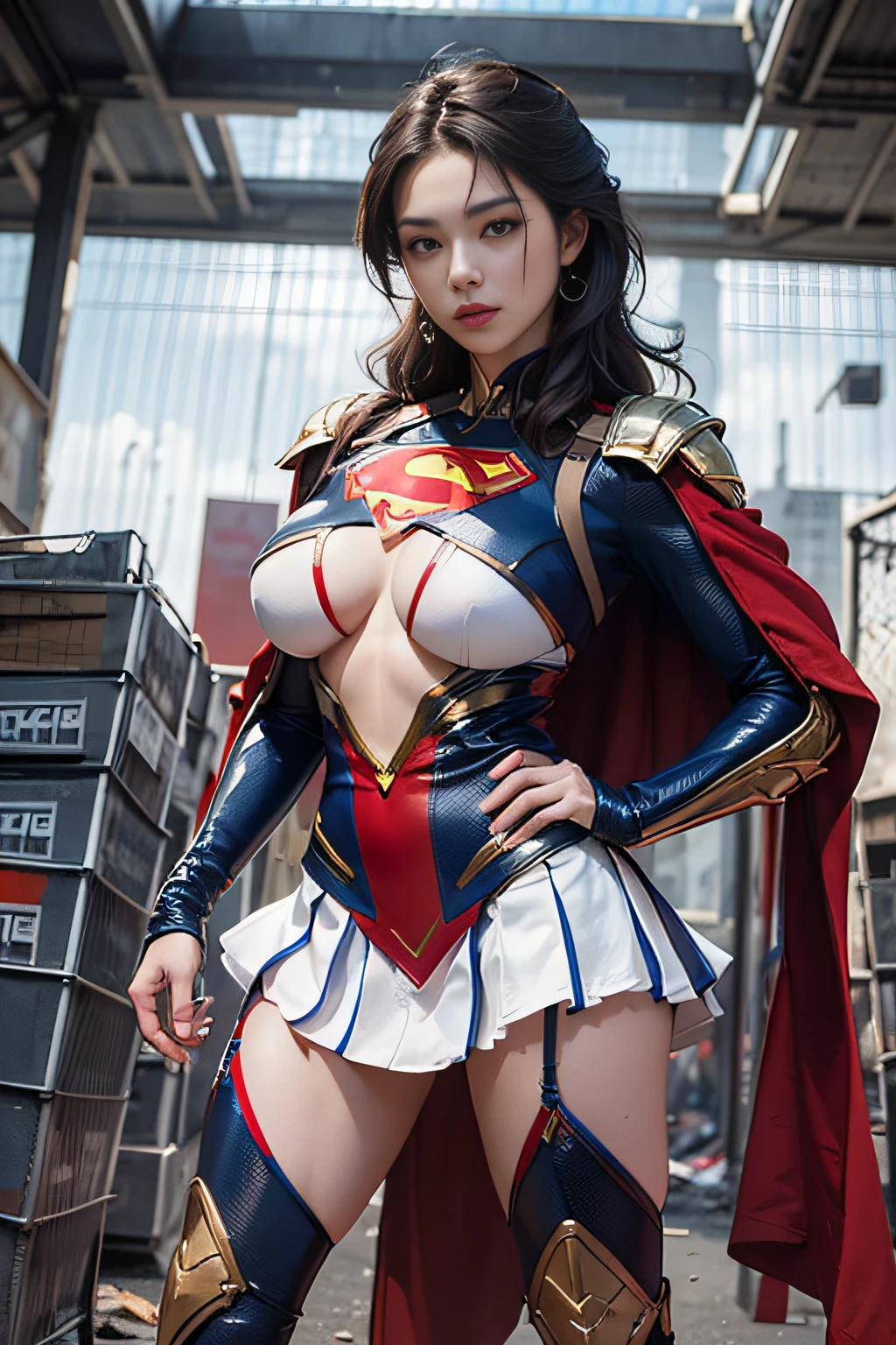 (1womanl:1.3), 独奏, 35 year old, __body-parts__, offcial art, 统一 8k 壁纸, ultra-detailliert, Beautiful and beautiful, Beautiful fece, masterpiece, top-quality, masterpiece, ultra fine photos, top-quality, 超A high resolution, Photorealistic realism, sunlights, Full body portrait, Amazing beauty, Dynamic Poses, delicated face, Vibrant eyes, (Seen from the front), ((She wears a full-body Superman suit, Full suit)), ((Red short skirt)), ((Huge breasts)), Blue-black top、red cloak、superman、((Capital letters on the chest))、Very detailed abandoned warehouse background、A detailed face、Detailed complex busy background、Messy and gorgeous milky white、highlydetailed skin、realistic skin detail、Visible Pore、foco nítido、Volumetric fog、8K UHD、Digital SLR、hightquality、film grains、fair white skin、photorealisim、Lomography、The huge metropolis of the future dystopia、