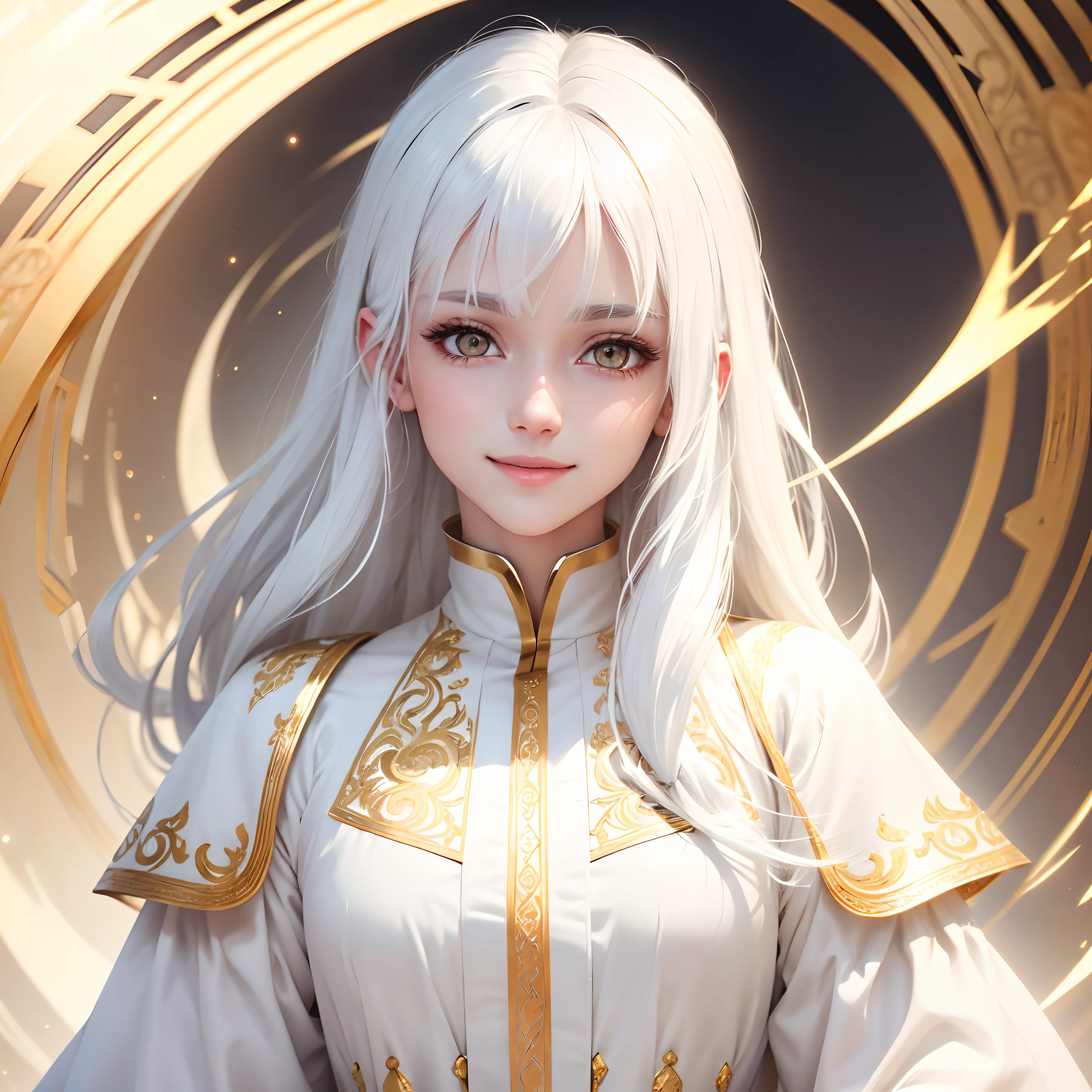 best quality, white hair, gold eyes, white clothes, looking up, upper body, hair strand, Fair skin, smiling