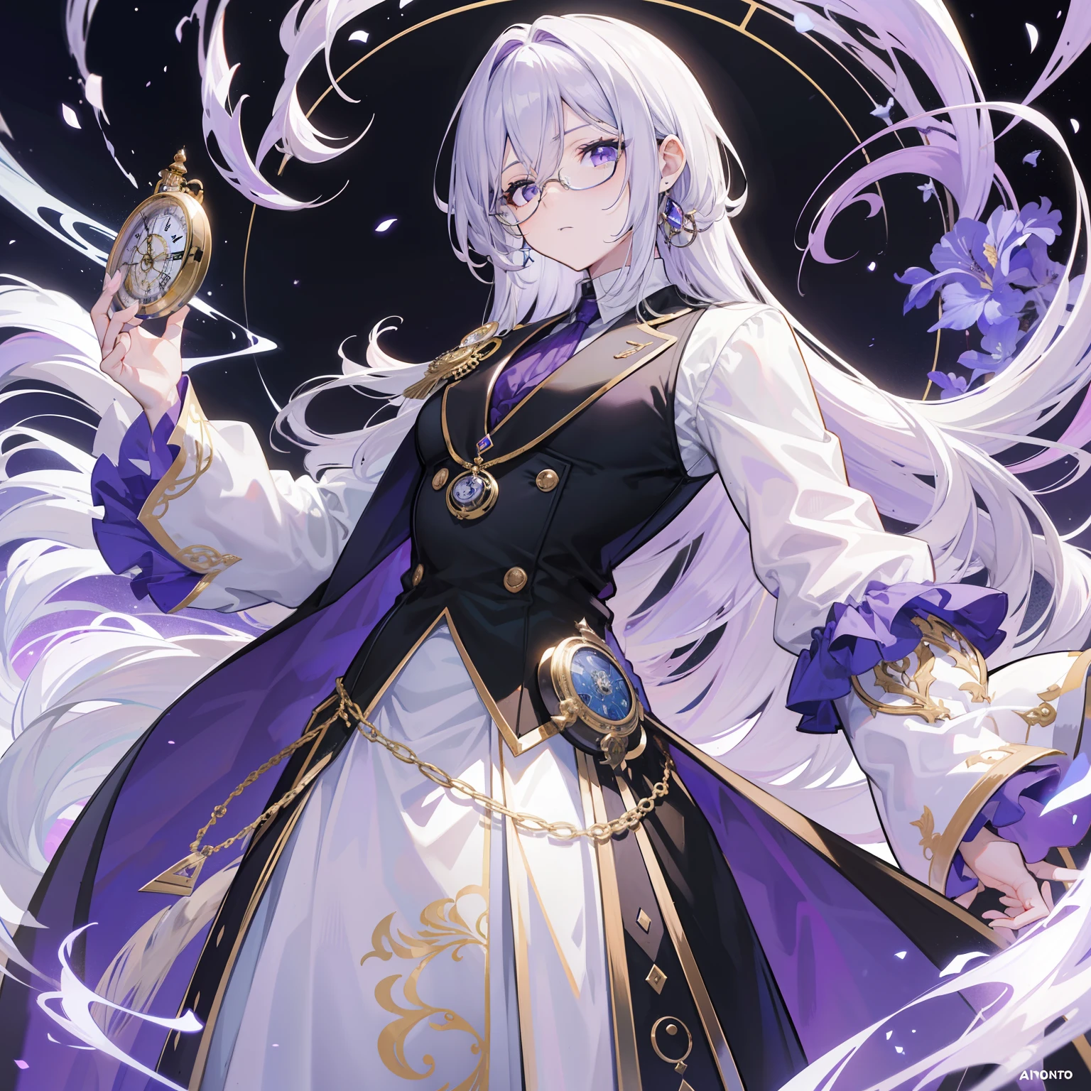 Garoto de cabelos negros com pontas pintadas de branco, round inventor's glasses, afeminado, Eyes of Lilac Iris, bandeia de bochecha, Icon, fundo com ponteiros girando rapidamente, Golden pocket watch, watch emanating strong and shiny purple aura