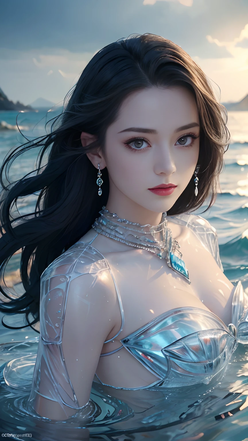 tmasterpiece,top-quality,optimum,offcial art,Beautiful and aesthetic,Long exposure:1.2),Smooth movement,Charming Patterns, 1 rapariga,Adult Russian woman,freckle,jade Eyes,Black lob hair, sportrait,独奏,The upper part of the body,Gaze the observer,detailedbackground,Detailed face,(crystallineAI, crystalline theme:1.1),Elemental Water Elves,Swirl water,Control the water,Clothes for fantasy magicians,dynamicposes,particles floating,Ethereal power,Eau,vaporous,the ocean in the background,blue tint,shores,Ethereal atmosphere,