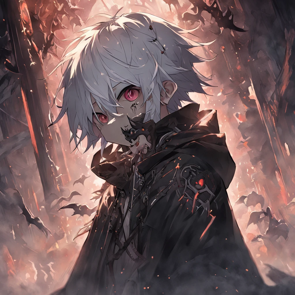 Black-haired, white-haired ,The hair hangs almost down to the neck,Wearing a half-death mask,The devil in a hood and scythe kisses his face,Stand at the intersection of light and darkness:HD graphics,Lots of ghosts in hoods,Terrifying and eerie texture。