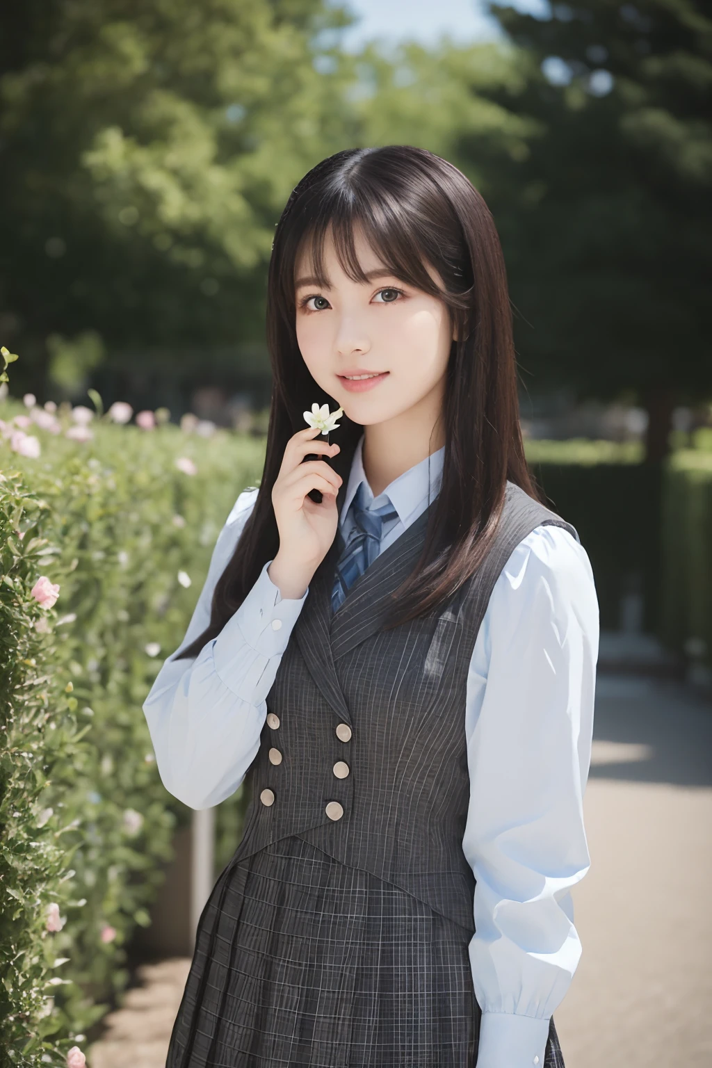 masterpiece, best quality, 1girl, nogizaka_costume, cowboy shot, thighs, beautiful girl, flowers, many small petals, garden, blue sky, looking at viewer, small waist, official art, raw photo, incredibly absurdres, facelight, dynamic lighting, cinematic lighting, ultra realistic, highres, photography, sharp focus, highest detailed, extreme detailed, ultra detailed, finely detail, extremely detailed eyes and face