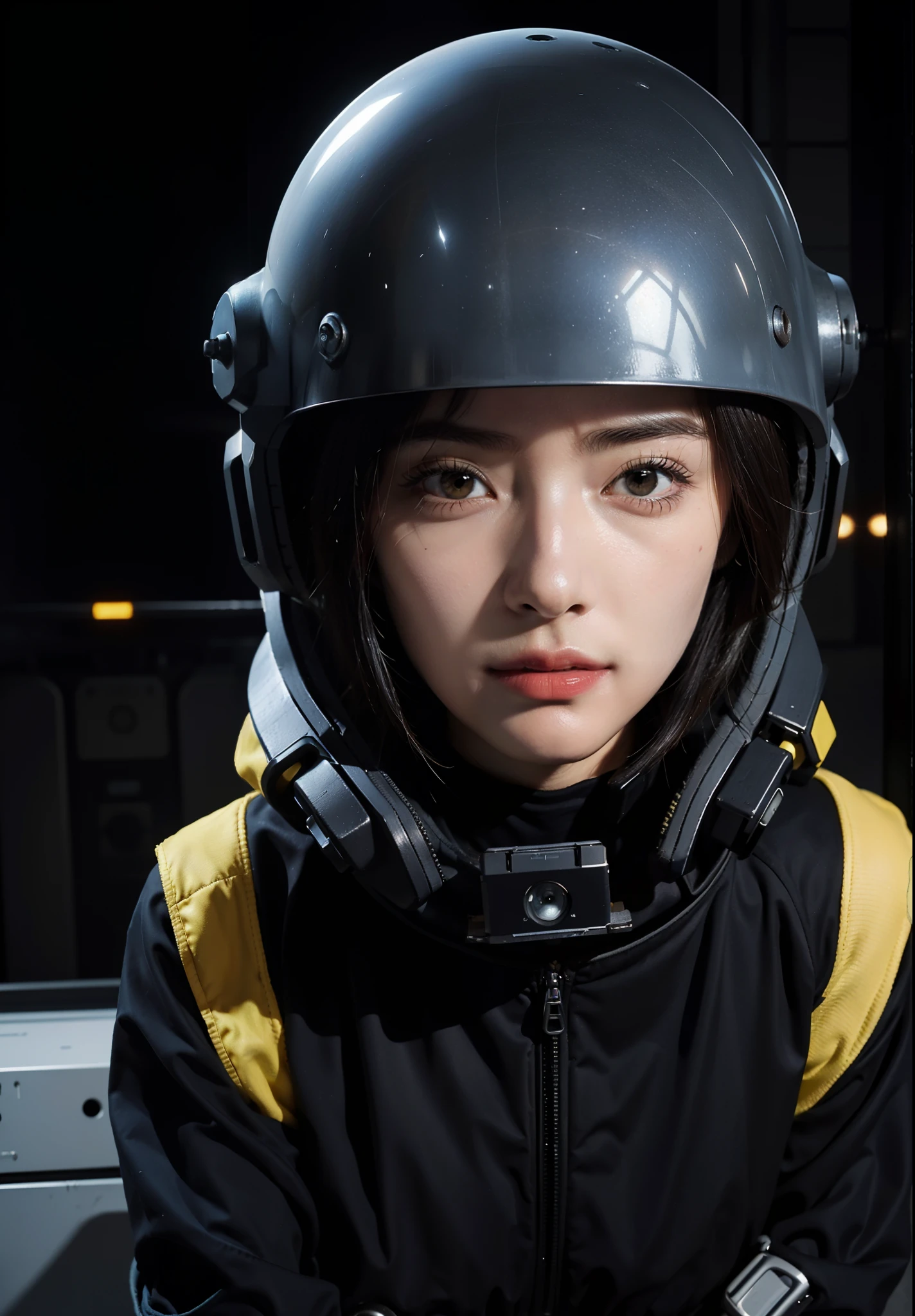 Highest image quality, outstanding details, ultra-high resolution, (realism: 1.4), ((cowboy shot:1.3, from front, looking at viewer)), the best illustration, favor details, highly condensed 1girl, (cyberpunk,cybprg), a delicate and beautiful face, (short hair), (wearing baggy spacesuit with metal-ring-helmet-disconnecter, attached black and gray mecha, spacesuit-globes, yellow pipes and codes, flanges on spacesuit), (mark:radioactivity-hazard-symbol), ((revealed only head)), ((smile:0.75)), inside nobody spacestation platform