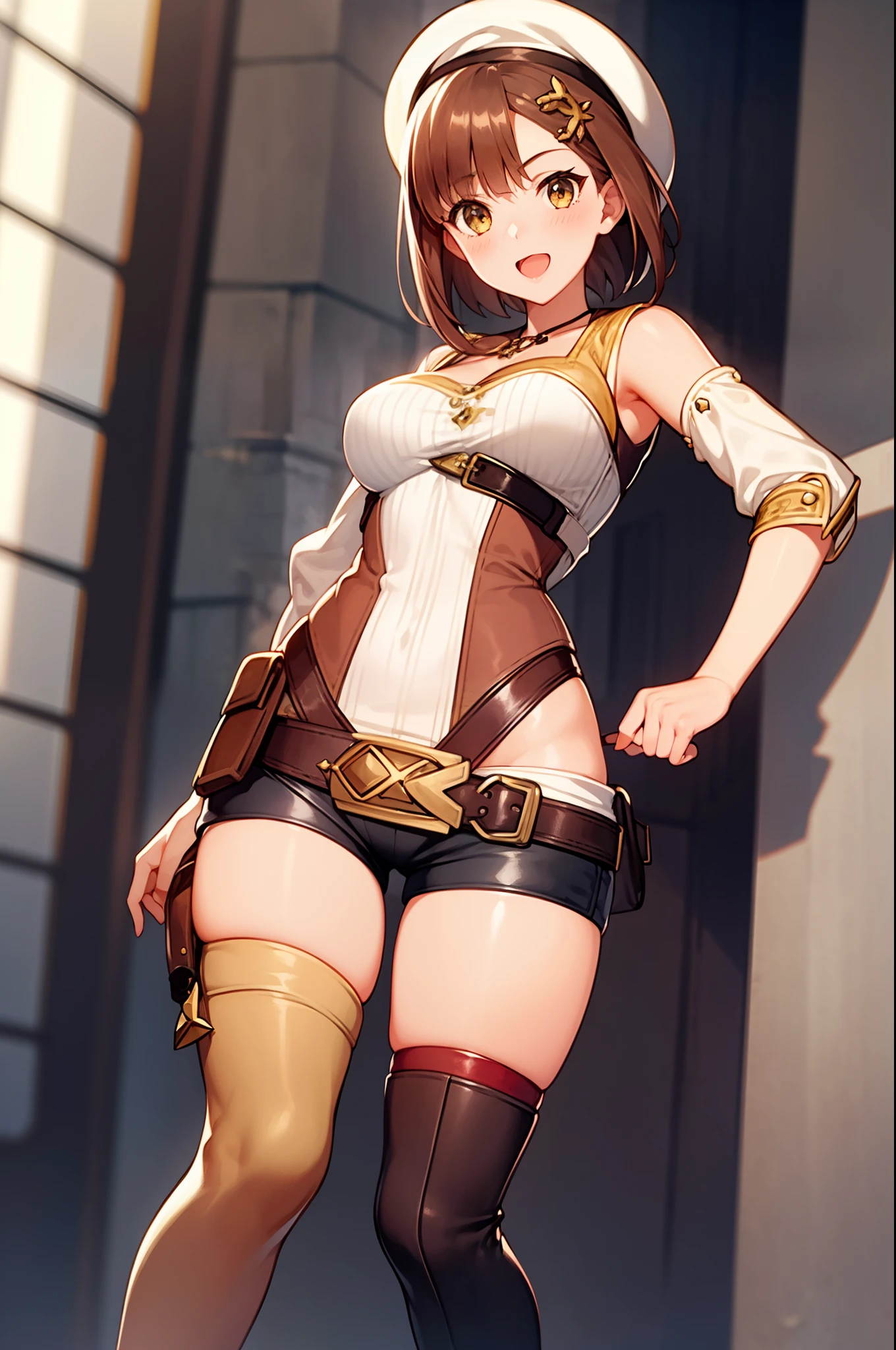 1 girl, ryza, atelier, alchemist, beret, short pants, over knee boots