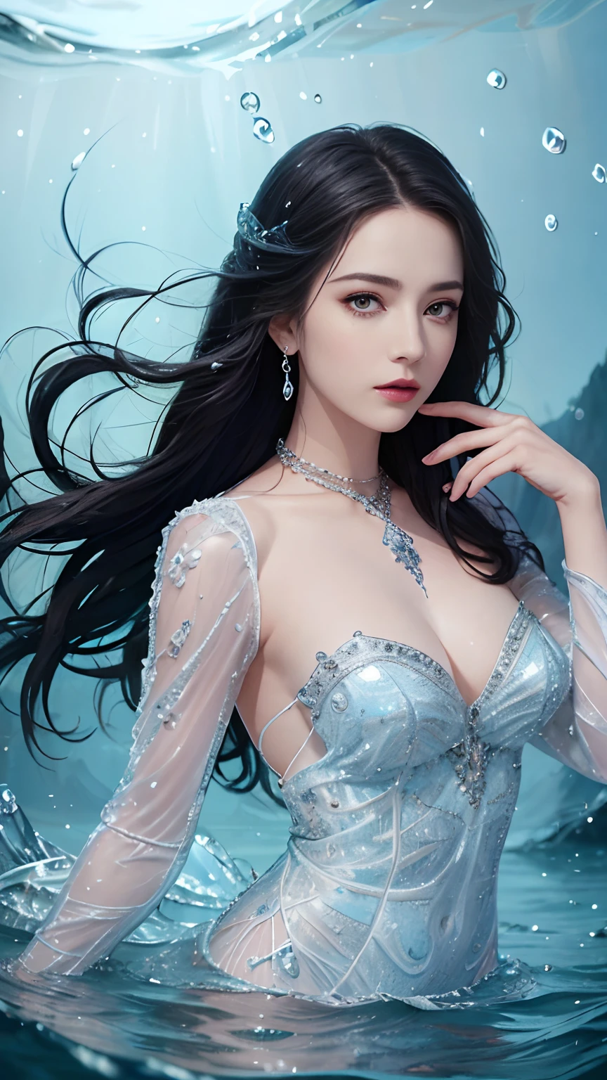 tmasterpiece，top-quality，optimum，offcial art，Beautiful and aesthetic，Long exposure：1.2），Smooth movement，Charming Patterns， 1 rapariga，Adult Russian woman，freckle，jade Eyes，Black lob hair， sportrait，独奏，The upper part of the body，Gaze the observer，detailedbackground，Detailed face，(crystallineAI, crystalline theme:1.1)，Elemental Water Elves，Swirl water，Control the water，Clothes for fantasy magicians，dynamicposes，particles floating，Ethereal power，Eau，vaporous，the ocean in the background，blue tint，shores，Ethereal atmosphere，