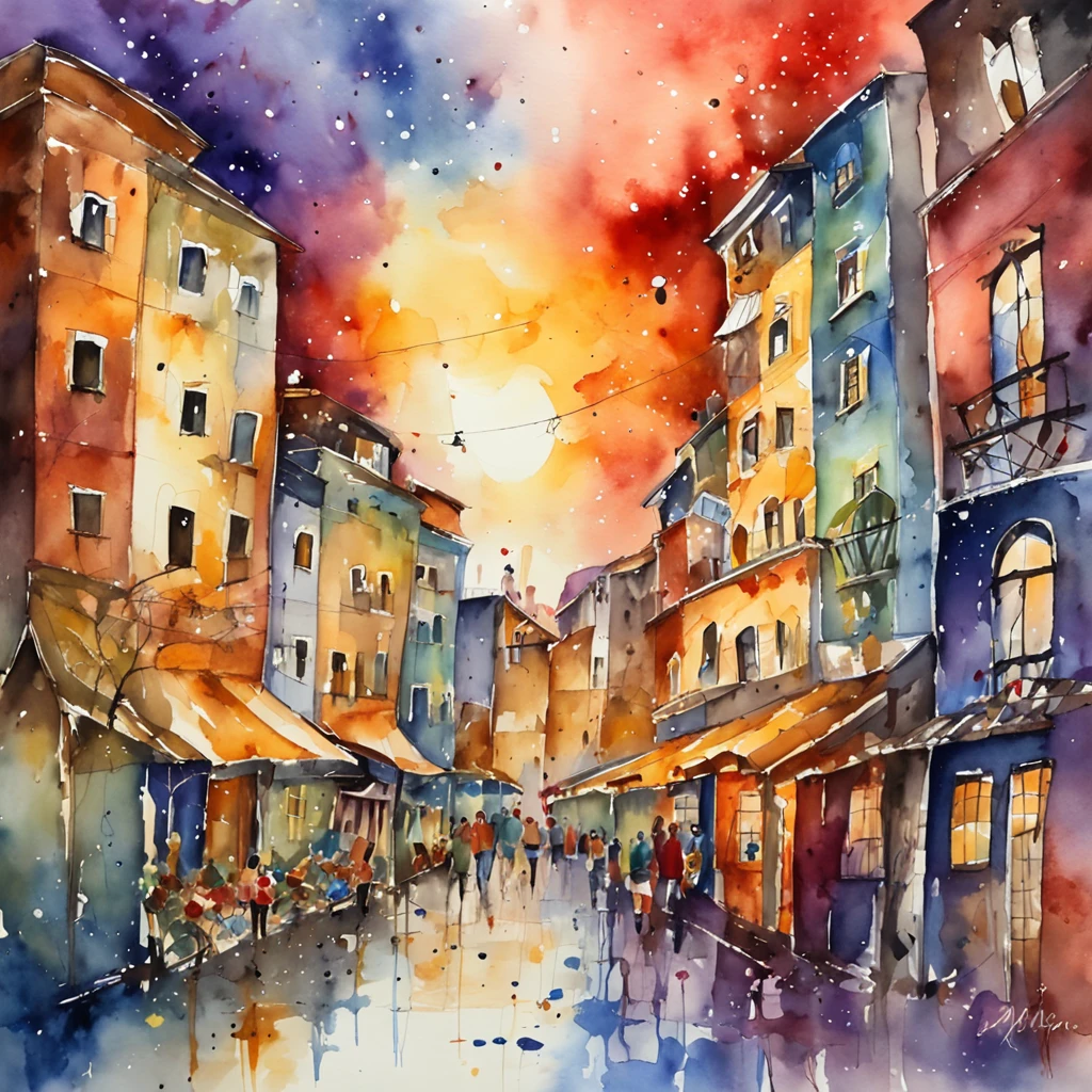 A big city in the style of disco-elysium, Starry sky, An abundance of colors, watercolor expressionist