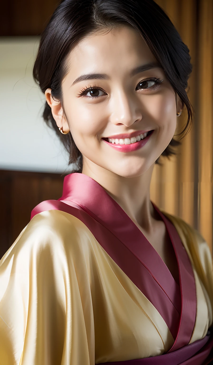 best quality, face focus, soft light, (depth of field) ,ultra high res, (photorealistic:1.4), RAW photo, (portrait:1.4) ,(from front)
1japanese girl, solo, cute, (shy, smile:1.1), (brown eyes), detailed beautiful face, (short_hair ), japanese-style room
(silk kimono:1.4)
