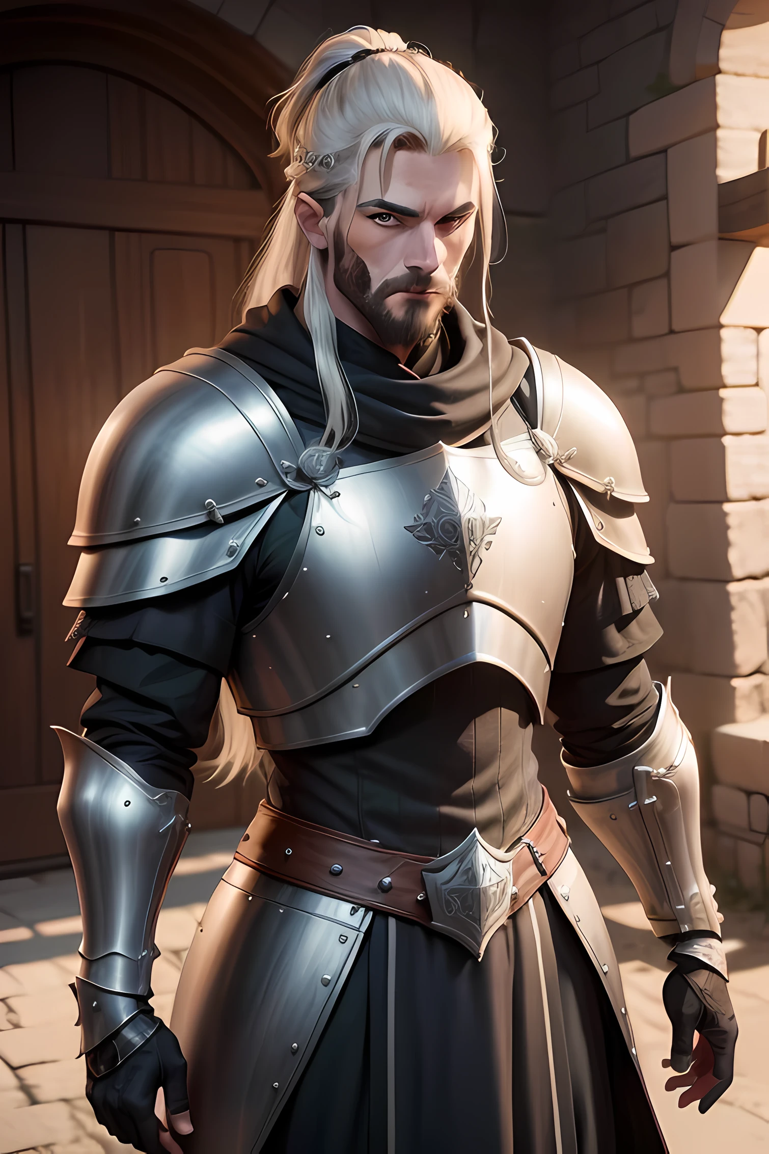 cavaleiro medieval com armaduras brilhantes, fundo preto, espada apontada para cima, 3D, homem, detalhes ricos, 8k,  super realista, ossui an imposing appearance, com uma estatura alta e uma postura digna. Seus cabelos escuros caem em ondas sobre a armadura polida, e os olhos azuis intensos refletem a seriedade de seu compromisso com o reino. Uma barba cuidadosamente aparada adiciona um toque de rusticidade ao seu charme cavalheiresco.