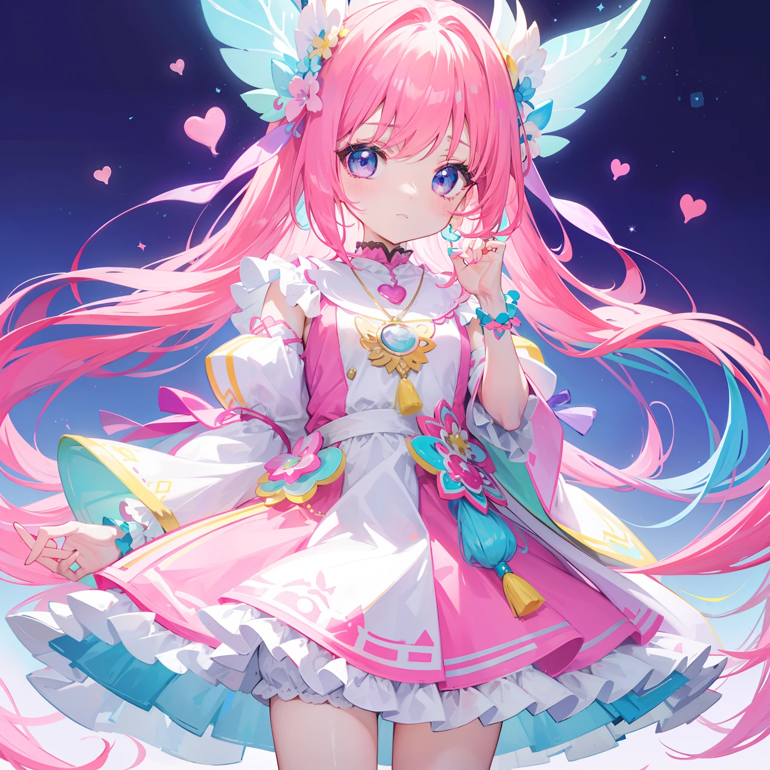 Colorful light background,long whitr hair,Has a bright pinkish-purple transparent gum texture,In pink、Wear yours with blue and white,yellow and greens,Cyan matching accessories pendant decoration,This is a very sweet and sweet li girl
