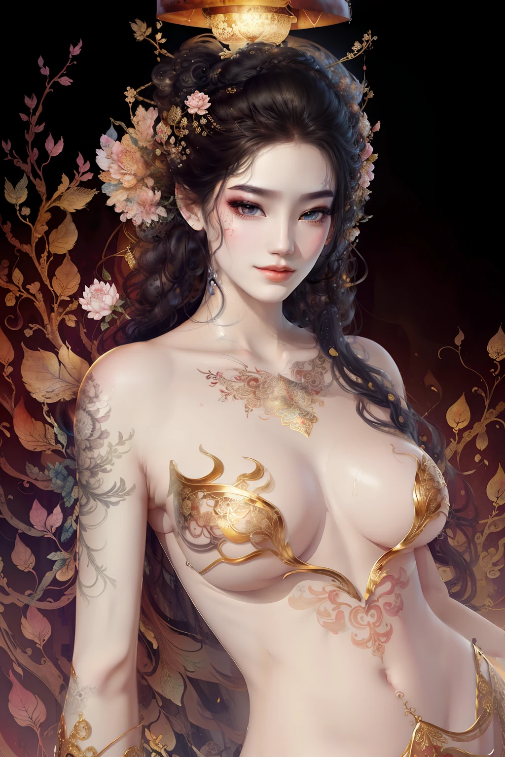 Create a beautiful tree, tree woman With the torso with a feminine silhouette. a perfect female body With green leaves. digital drawing, perfect face, glowing skin, 8k concept art portrait, dynamic, detailed lighting, fractal complex background, alcohol ink drawing. black background with paint splatters, by Hirohiko Araki, Official Art, Unity 8K Wallpaper, Masterpiece, Best Quality, (Zenredar, mandala, tangle, tangle), 1 beautiful platinum and black and gold Caucasian hair girl, Angle dynamic, The Most Beautiful Form of Chaos, elegant, bright colors, romanticism, By James Jean, Takato Yamamoto, Ashley Wood, ecstasy of music notes, transmission of visible music notes, Style Wtrcolor, blown by the wind, Masterpiece, ((watercolor )), paint splatters, intricate details. [drip: 0.7], Trending on Artstation, Rachel Walker, Style-Painting-1900, A beautiful nude woman completely covered in paint floating in a pool, beautiful lighting, beautiful large detailed eyes, Nirvana, relaxed, paint drips, Spirals of Paint, Paint Splatter, (Beautiful Swirls of Paint Swirls), by By Sandra Chevrier, vivid contrasting colors, chromatic aberration, black background, Best Quality, (realistic: 1.2), (high contrast: 1.2), black hair and gold and silver and bronze decoration, goddess of the forest, beautiful caucasian girl close-up, beautiful goddess fused with forest and trees, black hair fused with platinum and gold, girl naked skin wet with water, beautiful visible pubic area, pink pesons, Exposed small breasts, garden pond, mandala and flower tattoos on the naked body, floating antique clock, lamp, lantern, garden pond, visible beautiful pubic area, pink nipples, small breasts in the view, full body, Sakimichan art, oriental mandala tattoo, fractal background, silver and gold and bronze spirit, floating ancient clock, ancient lamp, faint smile, view from below, towering goddess, nude female body fused into forest vines and leaves of trees, roman column, ancient temple with garden and pond