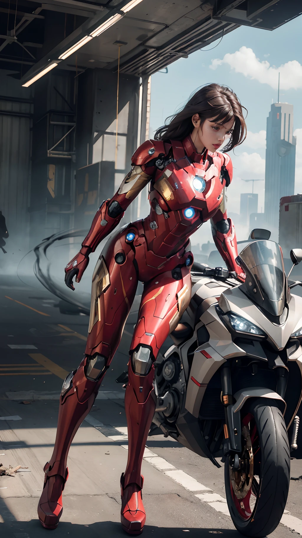 RAW, Masterpiece, Ultra Fine Photo,, Best Quality, Ultra High Resolution, Photorealistic, Sunlight, Full Body Portrait, Stunningly Beautiful,, Dynamic Poses, Delicate Face, Vibrant Eyes, (Side View) , she is wearing a futuristic Iron Man mech, red and gold color scheme, highly detailed abandoned warehouse background, detailed face, detailed and complex busy background, messy, gorgeous, milky white, unique mech design, high detailed skin, realistic skin details, visible pores , sharp focus, volumetric fog, 8k uhd, dslr camera, high quality, film grain, fair skin, photorealism, lomography, sprawling metropolis in futuristic dystopia, view from below, translucent