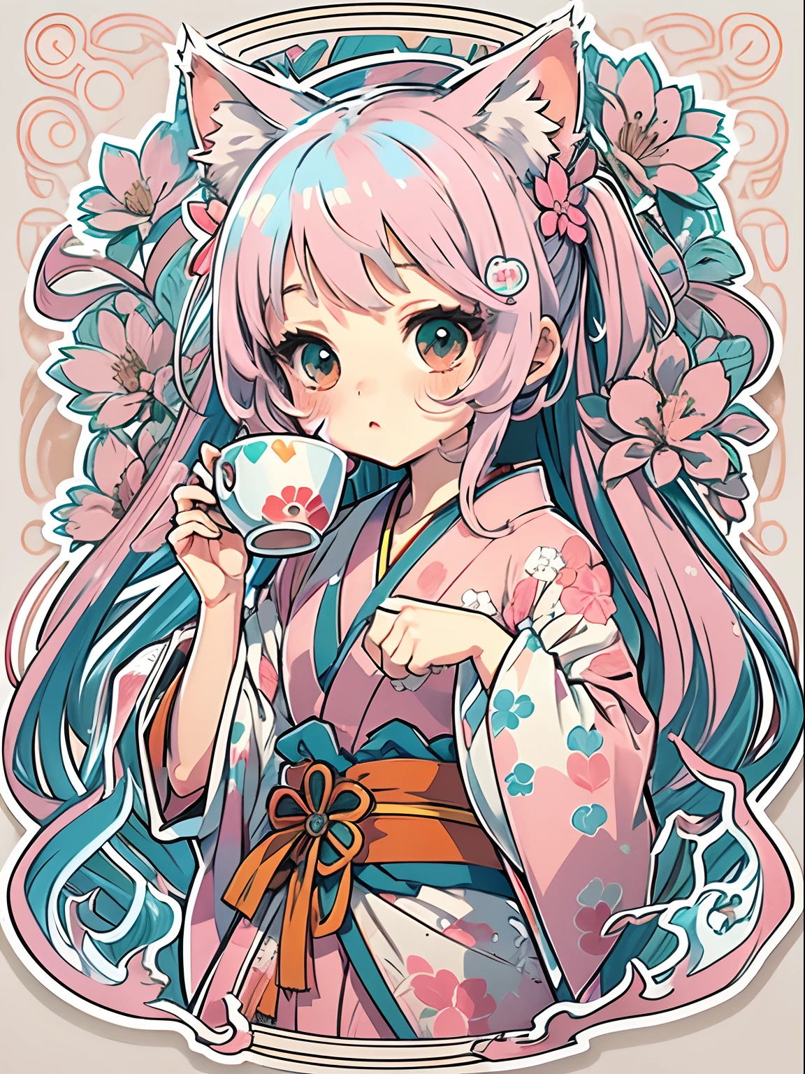 sticker, cute anime girl head, longhair style, cat ears, wearing pink kimono, drinking tea, in circle, white Background, Bright blue, Simple, Ultra Detailed, Detailed Drawing, Vectorization, Silhouette, 8k, professional sticker design, flat design, vector lines, sticker, drawing, Drawing, Full HD