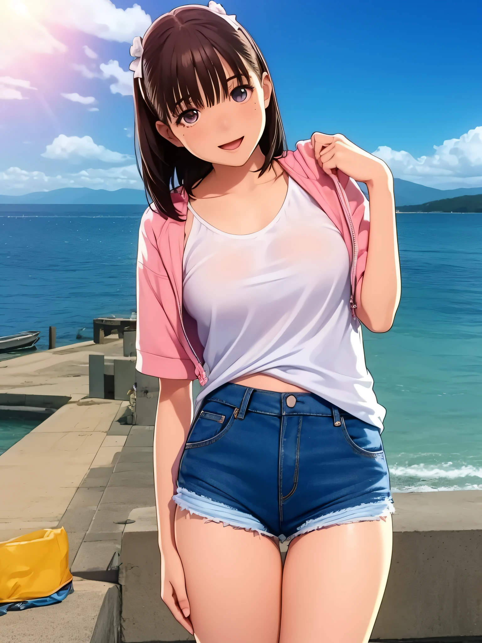 hight resolution,8K,Best Quality,detaileds,semi - realistic anime,Anime 3D Style,Smooth Anime CG,1 girl in,19-year-old woman in Japan,slim,modeled,shiny chestnut hair,Medium Hair,Detailed face,Beautiful and detailed eyes,glistning skin,((Pink swimsuit)),(Large white T-shirt),((Blue shorts)),Smile with open mouth,randome pose,Summer Sea,Clear blue sky,cumulonimbus clouds,Background blur,The wind is blowing,