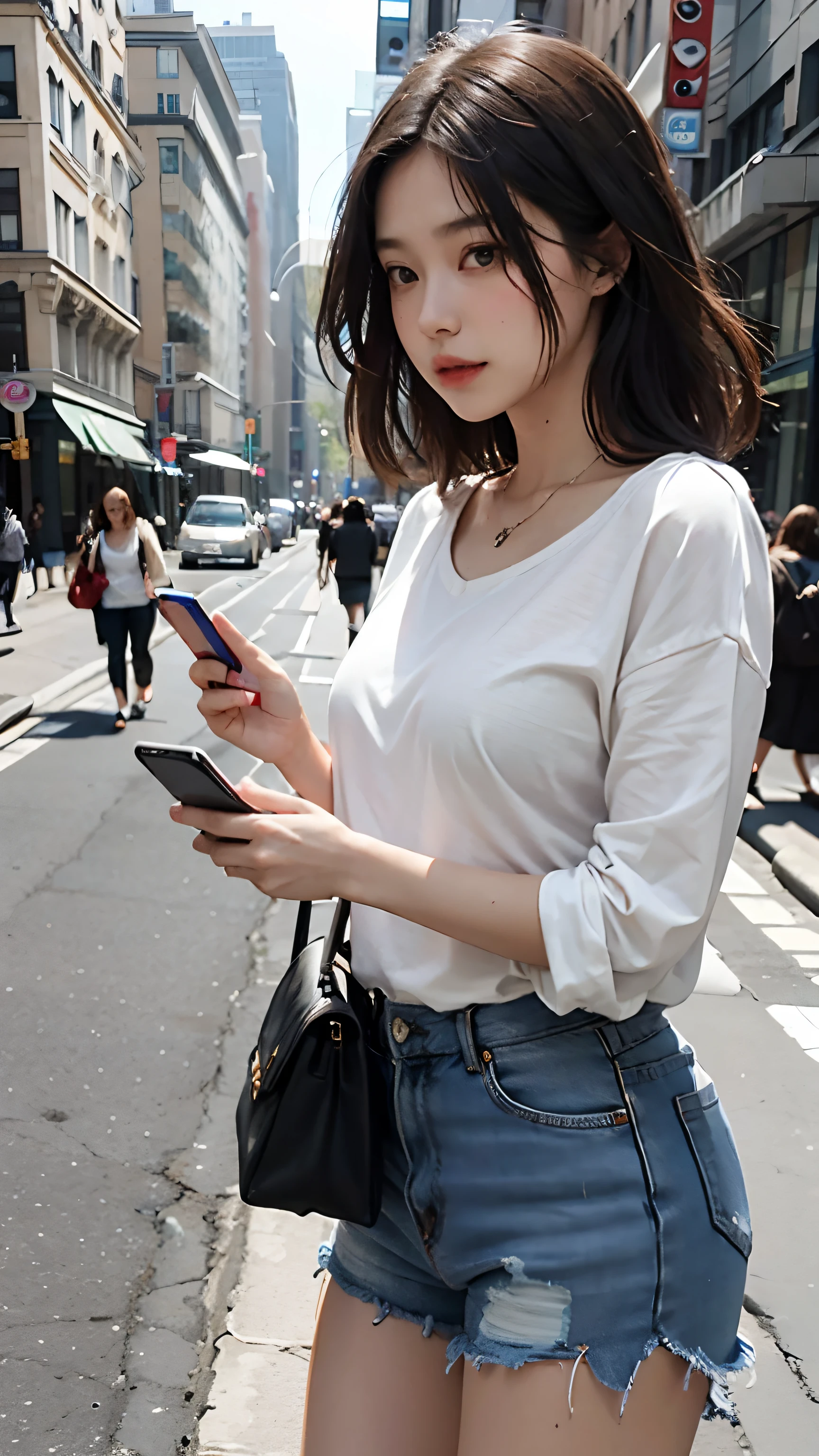 Beautiful woman, fiddling with cell phone in the middle of the street, short clothes